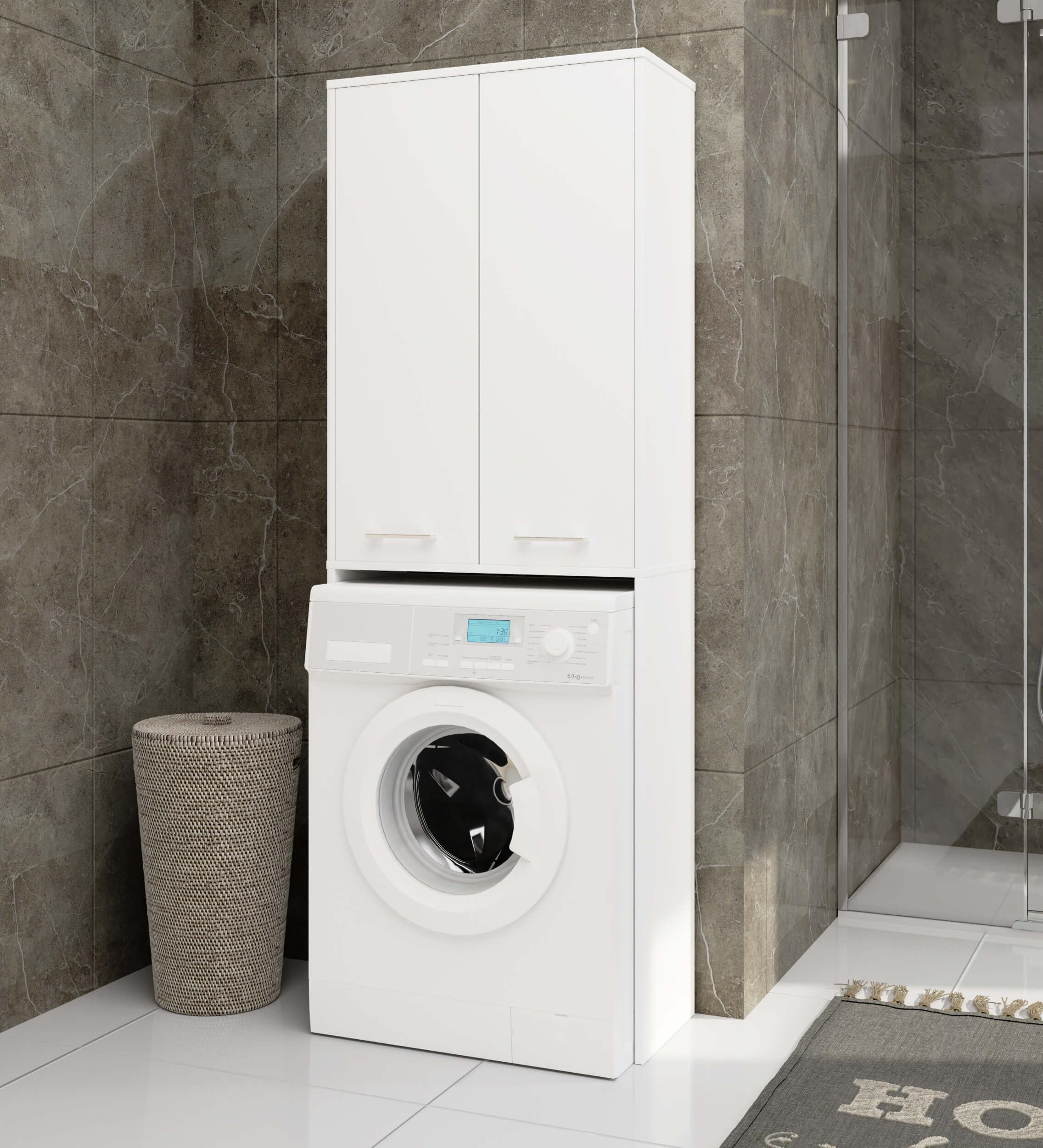 AKORD | Armadio Pensile per Lavatrice FIN 180 | Armadio di trasformazione con 2 Ante, 4 Ripiani | Archivio per bagno | Cassettiera per lavatrice | 64x180x30 cm | Bianco + Bianco Frontale