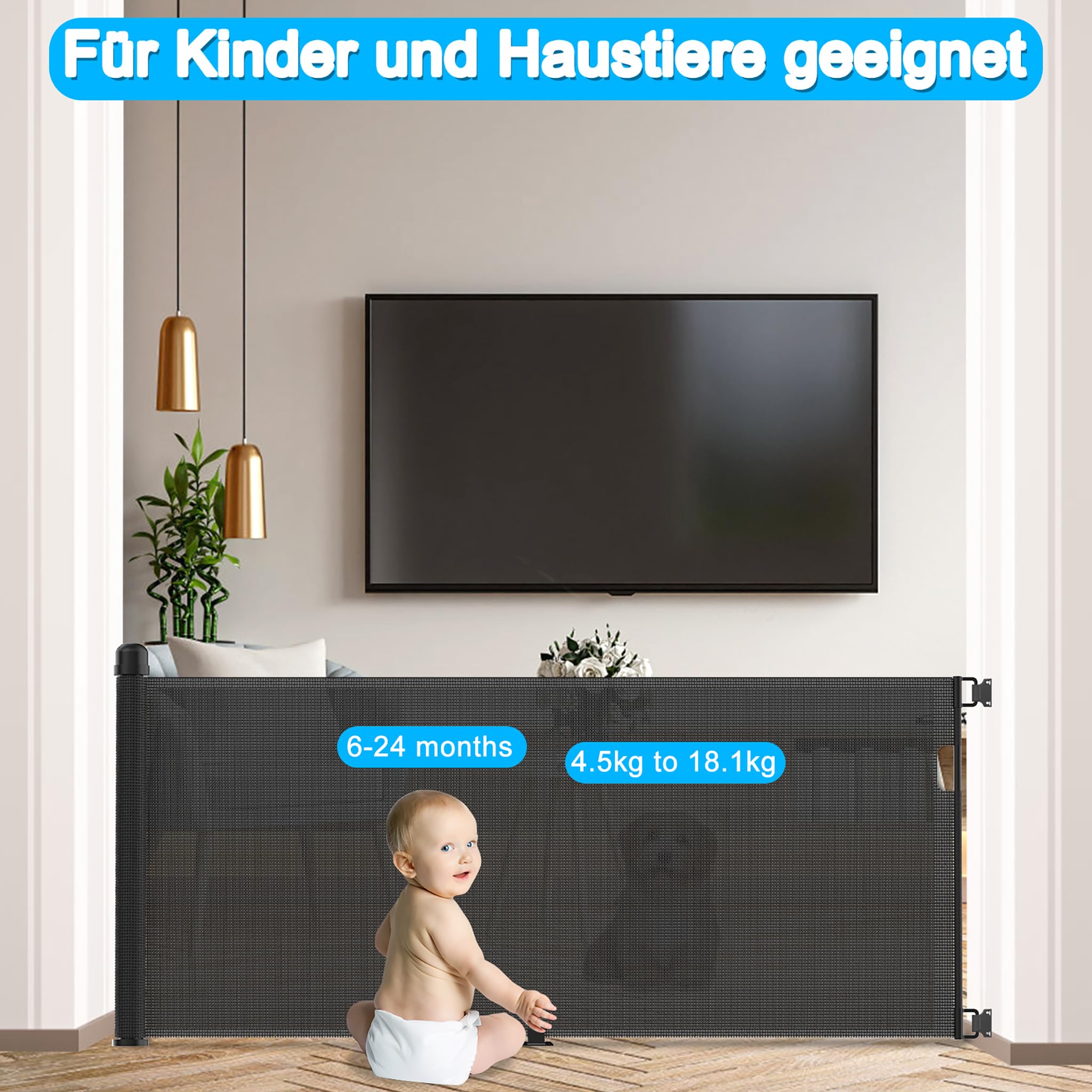 FIVMEN - Griglia di sicurezza per scale e porte, 300 cm, estensibile, con chiusura automatica, griglia di sicurezza per bambini, PVC, porta di sicurezza per bambini, nera