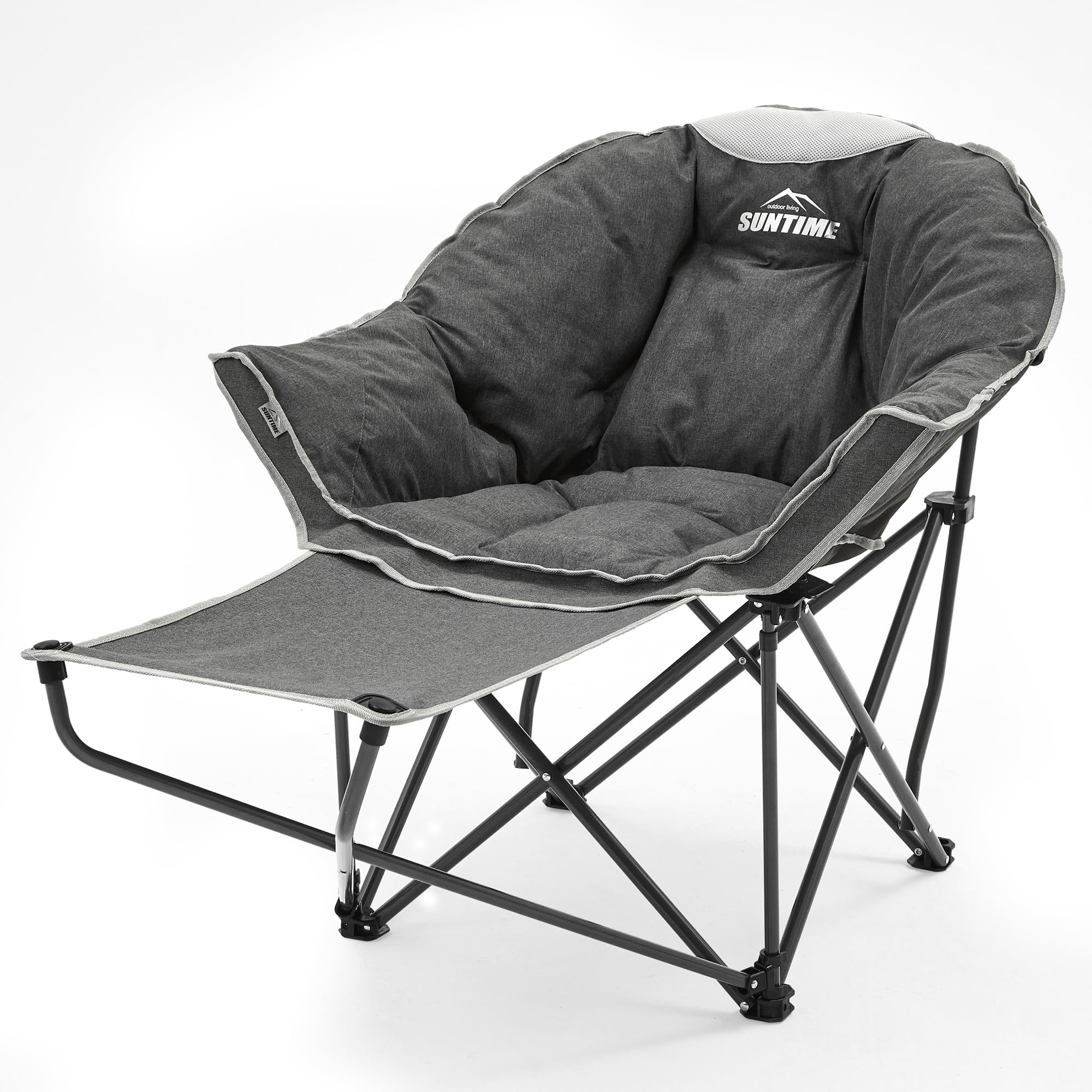 OUTDOOR LIVING SUNTIME Oversized Padded Comfy Camping Chair with Removable Footrest? Weight Capacity 400 LBS, Heavy Duty Moon Round Leisure Folding Chair for Camping, Hiking, Carry Bag, Gray