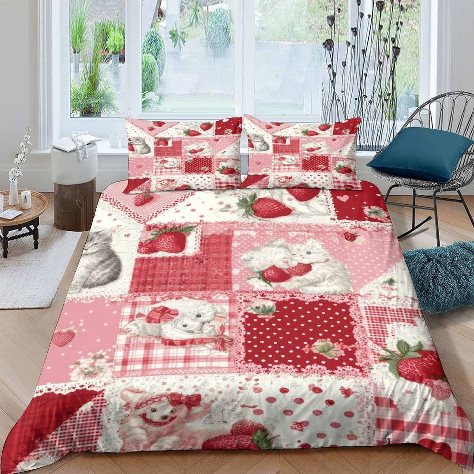 Ctjqhvkz Style-9 3D Printed Strawberry Patchwork Fitted Sheet Microfiber Red Pink Cute Cat Mattress Cover For Bedroom Guest Room Decor Single（135X200cm）