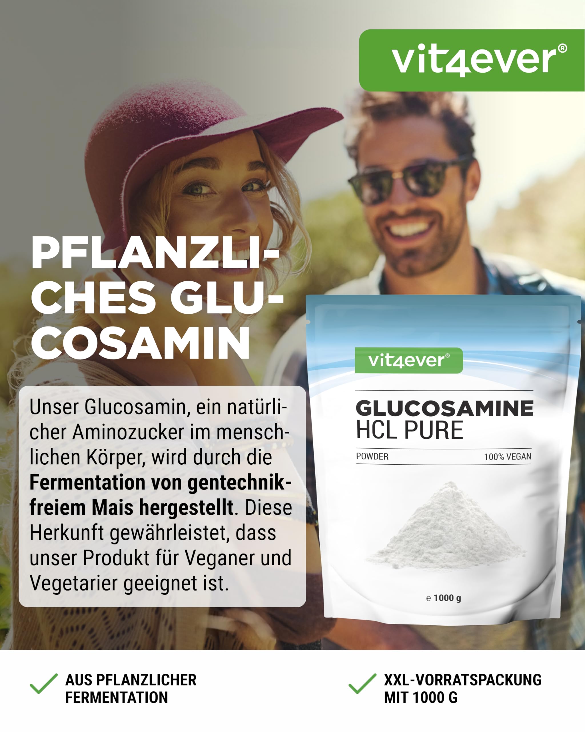 vit4ever Glucosamin HCL Pure - 1000 g - reines Pulver ohne Zusätze | pflanzliche Fermentation, laborgeprüft, vegan, hochdosiert