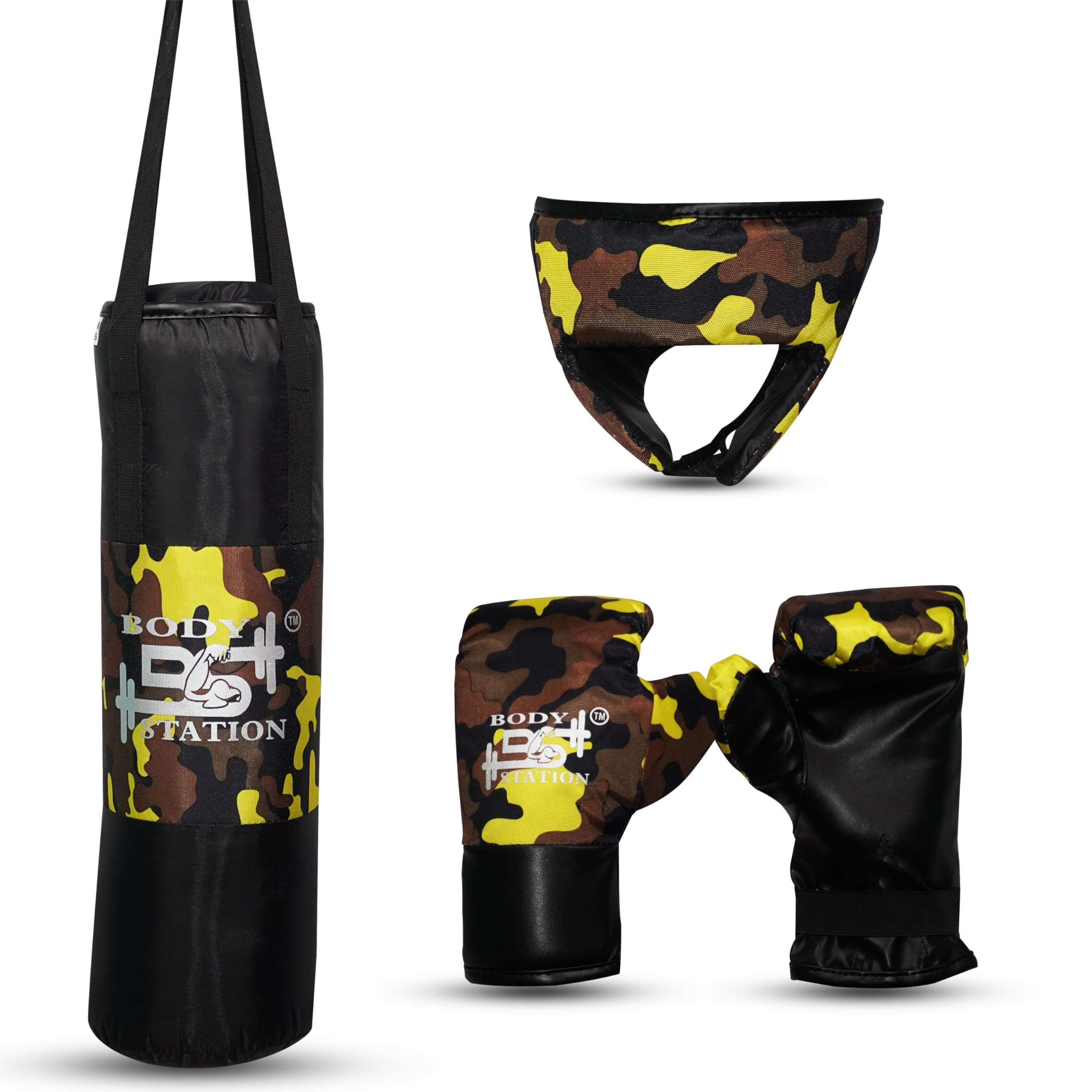 Bodystation Kids Champ Junior Punching Set | 1 Punching Bag, 1 Head Guard, 2 Gloves | Boxing Training Punching Bag & Gloves for Boys & Girls | for 3 to 10 Years Kids (Set of 4) (Yellow Camo)