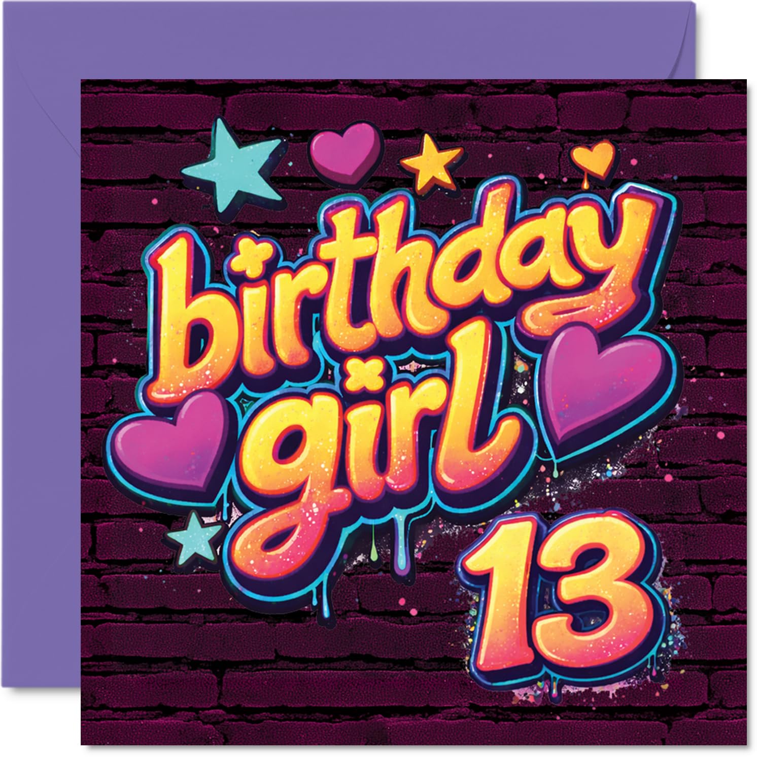 Playful 13th Birthday Card - Bursting with Birthday Energy - Graffiti Stars and Hearts in Vibrant Pinks and Purples - 145mm Square, Envelope Included