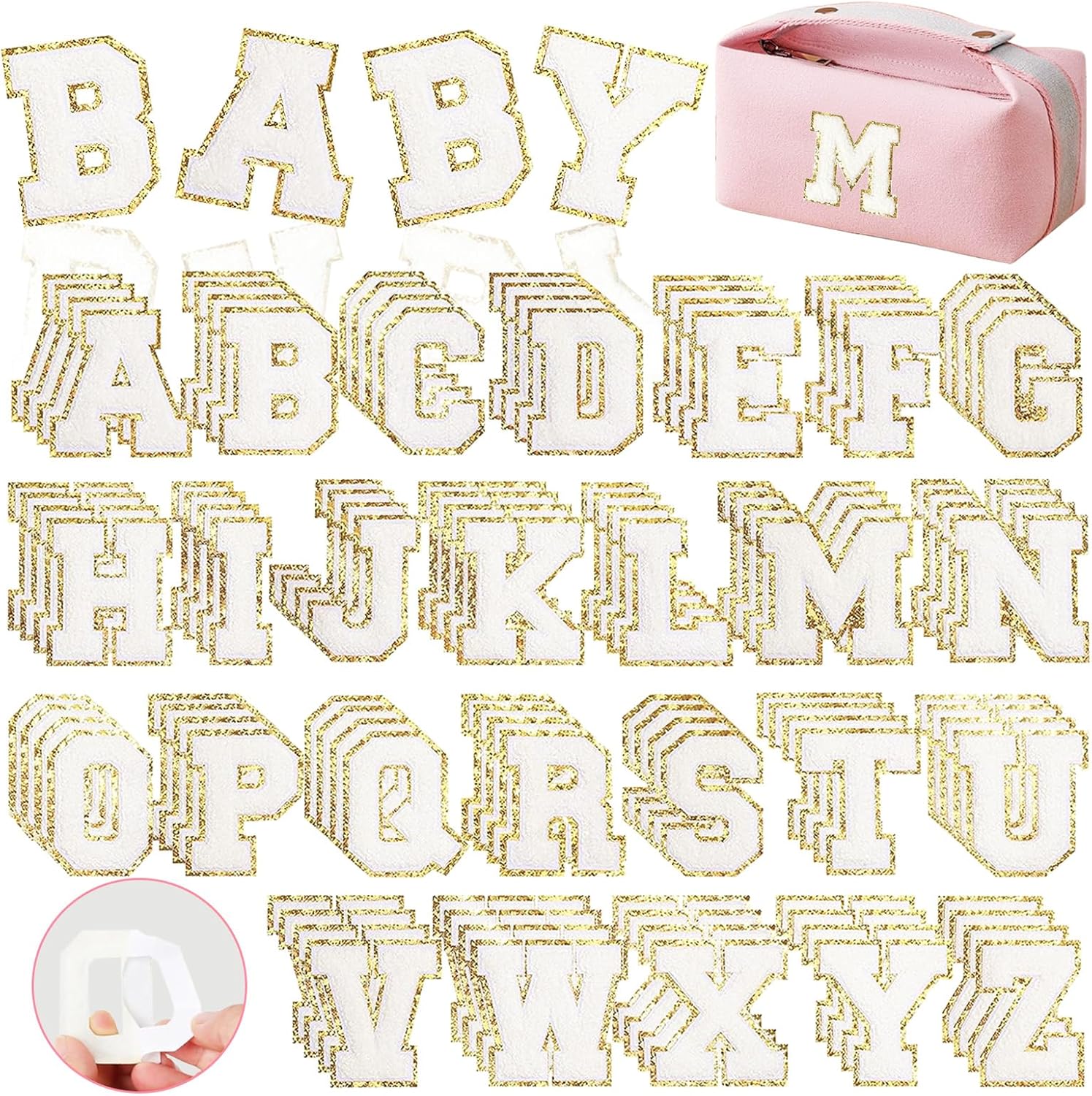 MXCOIRTP Self-Adhesive Chenille Letters Patches, 104PCS White Letter Stickers on Patches Varsity Letter Patches for Clothing Jackets Backpacks Hats Repair Alphabet Embroidered Applique