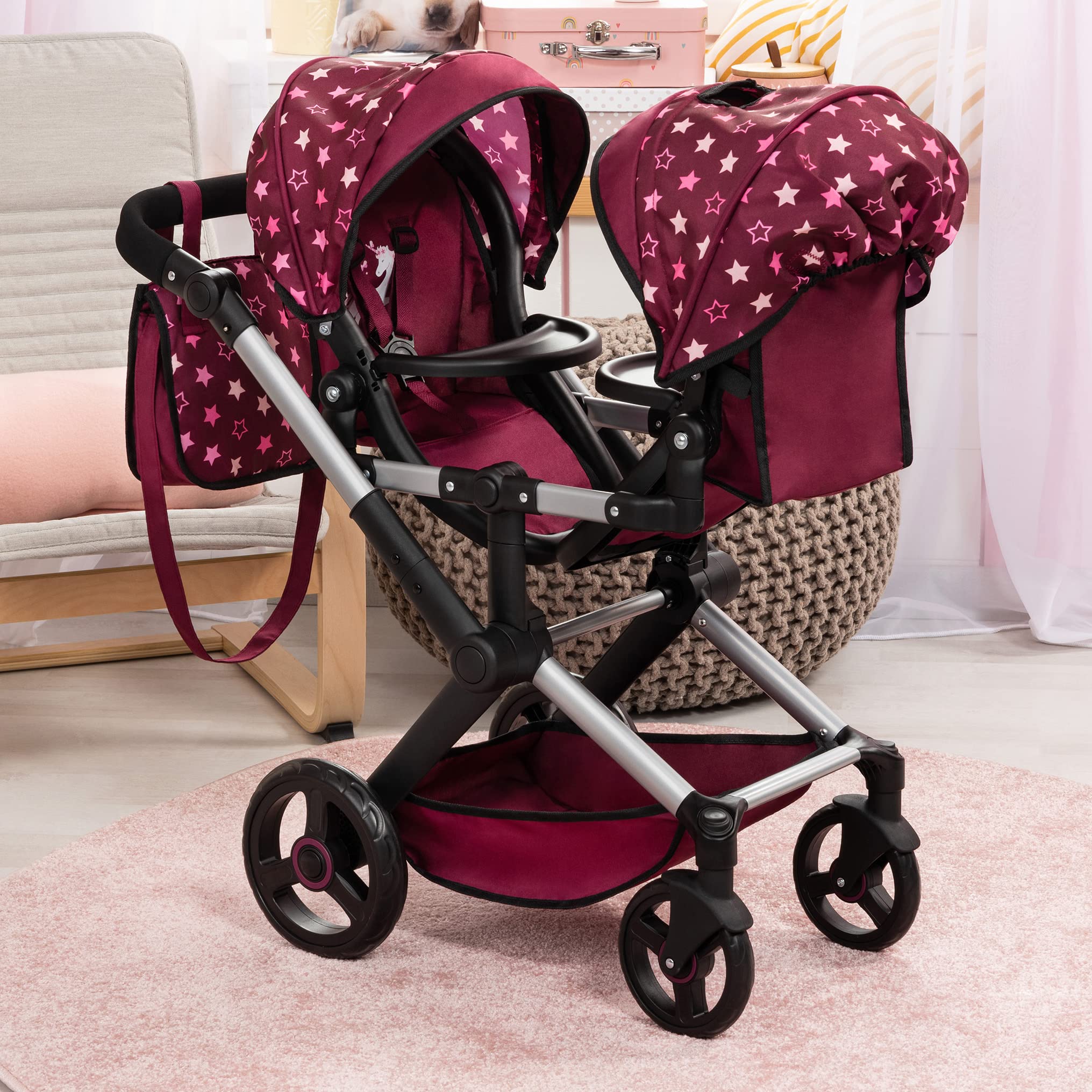 Bayer Design 26723AA Carrozzina gemellare Twin Xeo, carrozzina per bambole doppia, regolabile in altezza, borsa, bordeaux, rosa, stelle