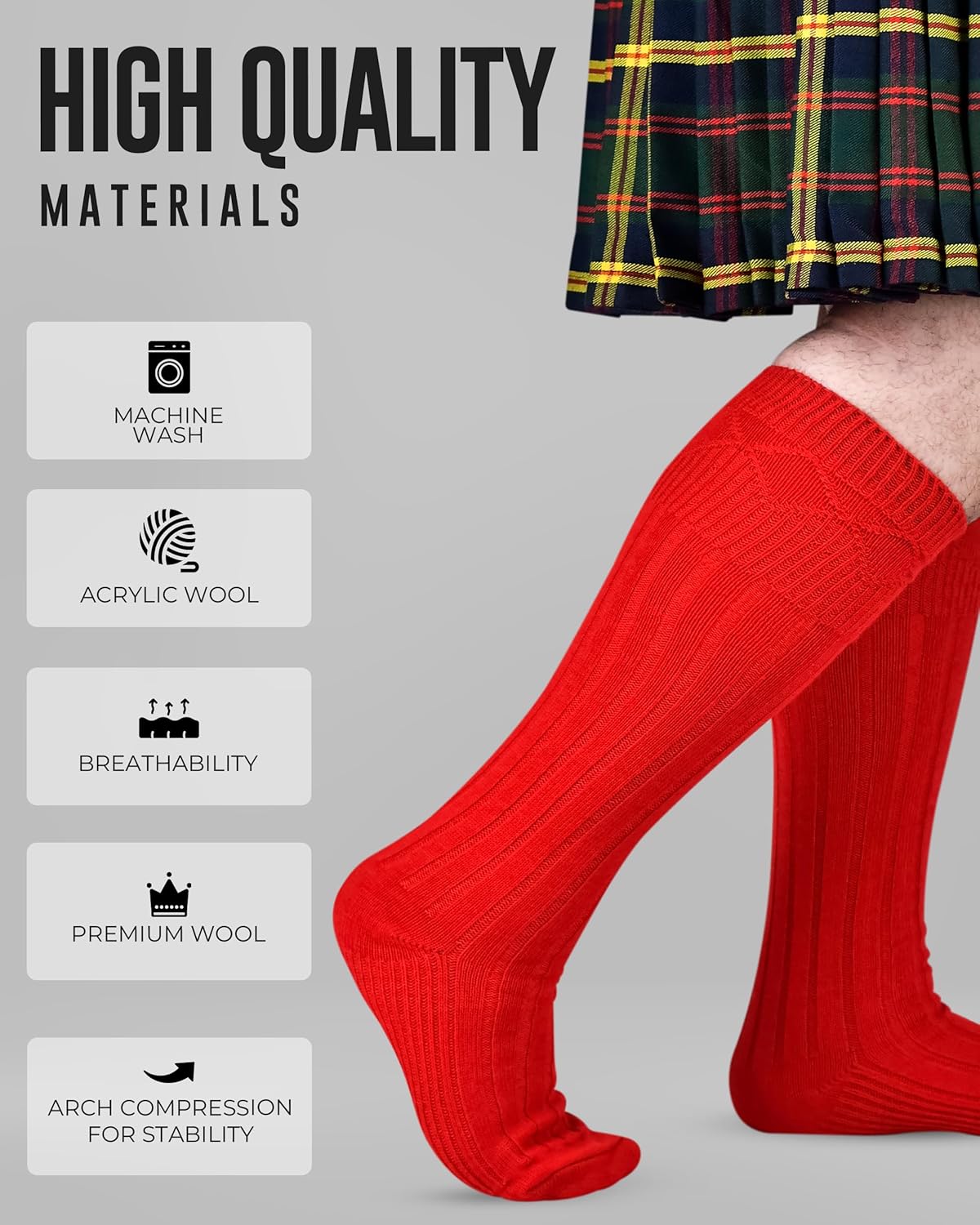 Highland Scottish Wool Blend Kilt Hose for Men Ribbed Socks for USA Shoe Sizes - Image 2
