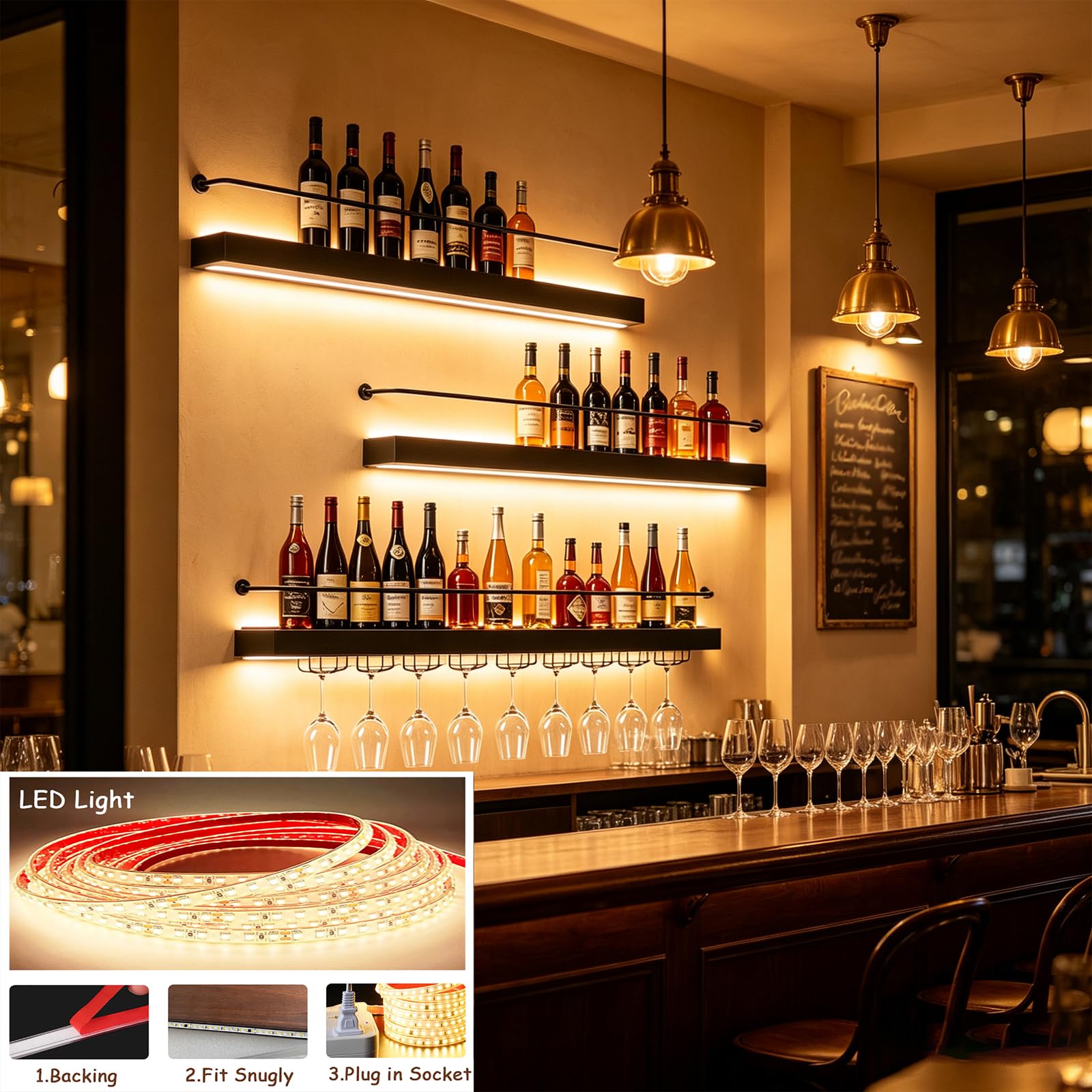 Estante de Vino de Pared con Luz LED, Hierro Negro (Negro, 100CM) | Hierro negro resistente; Incluye soporte para copas; Luz LED cálida; Montaje rápido; Ideal para cocina y bar.
