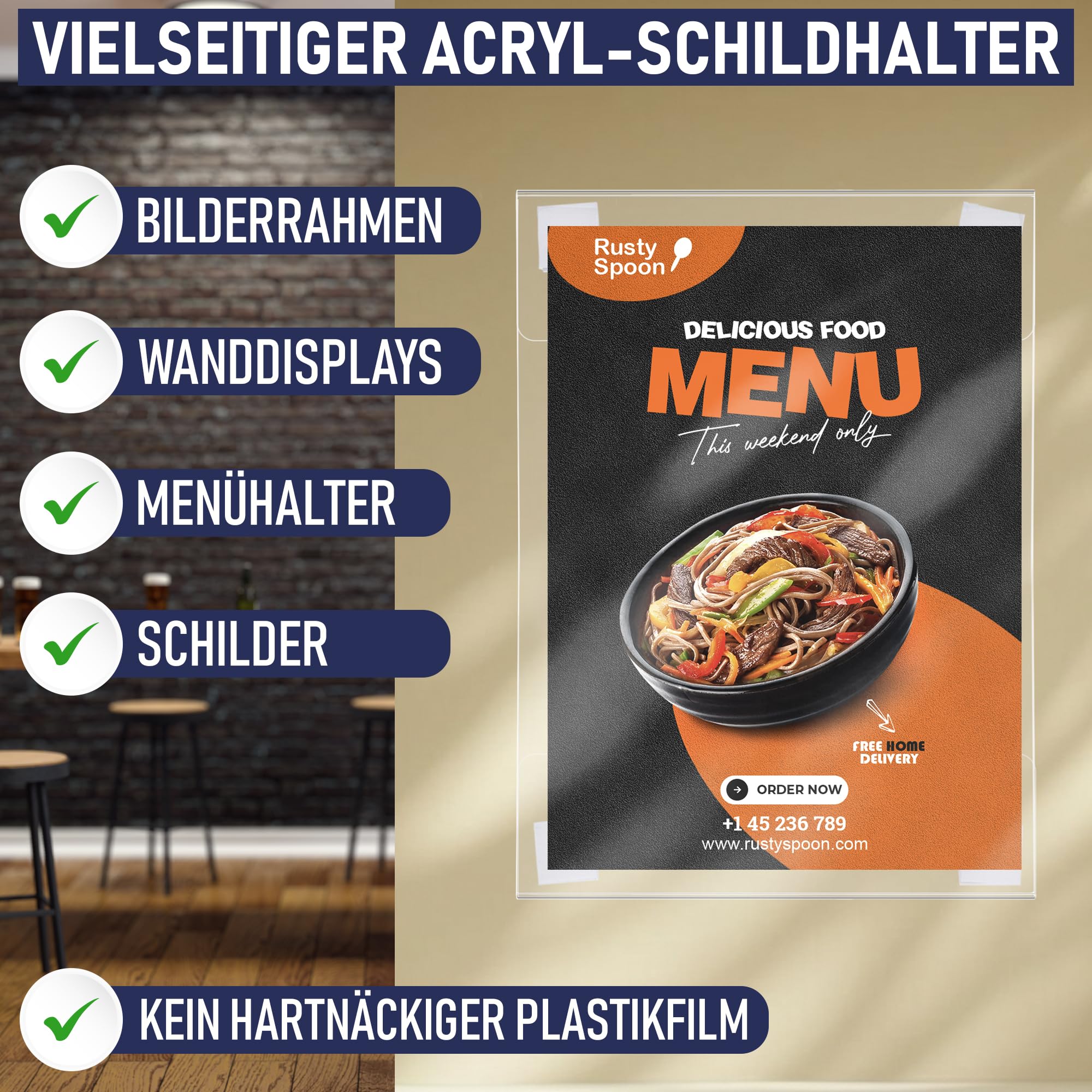 Acryl-Schilderhalter zum Einklemmen, A4 - Hoch- oder Querformat, durchsichtiger Wandrahmen, perfekt für Zuhause, Büro, Geschäft, Laden, Restaurant, mit Klettverschluss zur Wandbefestigung (A4-6 Pack)