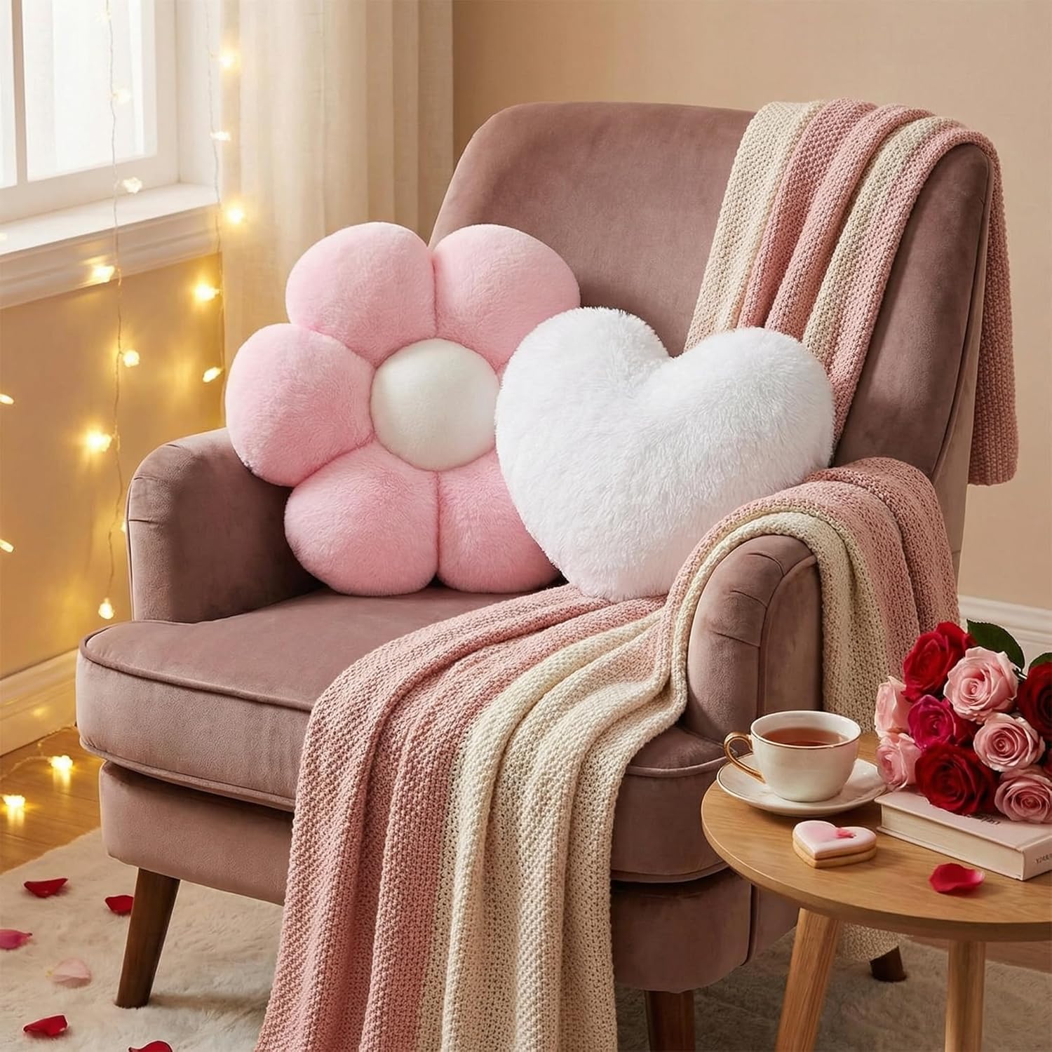 2 Pcs 17.72" Heart Shaped Pillows, Six Petal Floral Daisy Flower Cushion, Decorative Throw Love Heart Shaped Pillow Gifts for Home Decoration, Bed Sofa Couch (Pink,White)