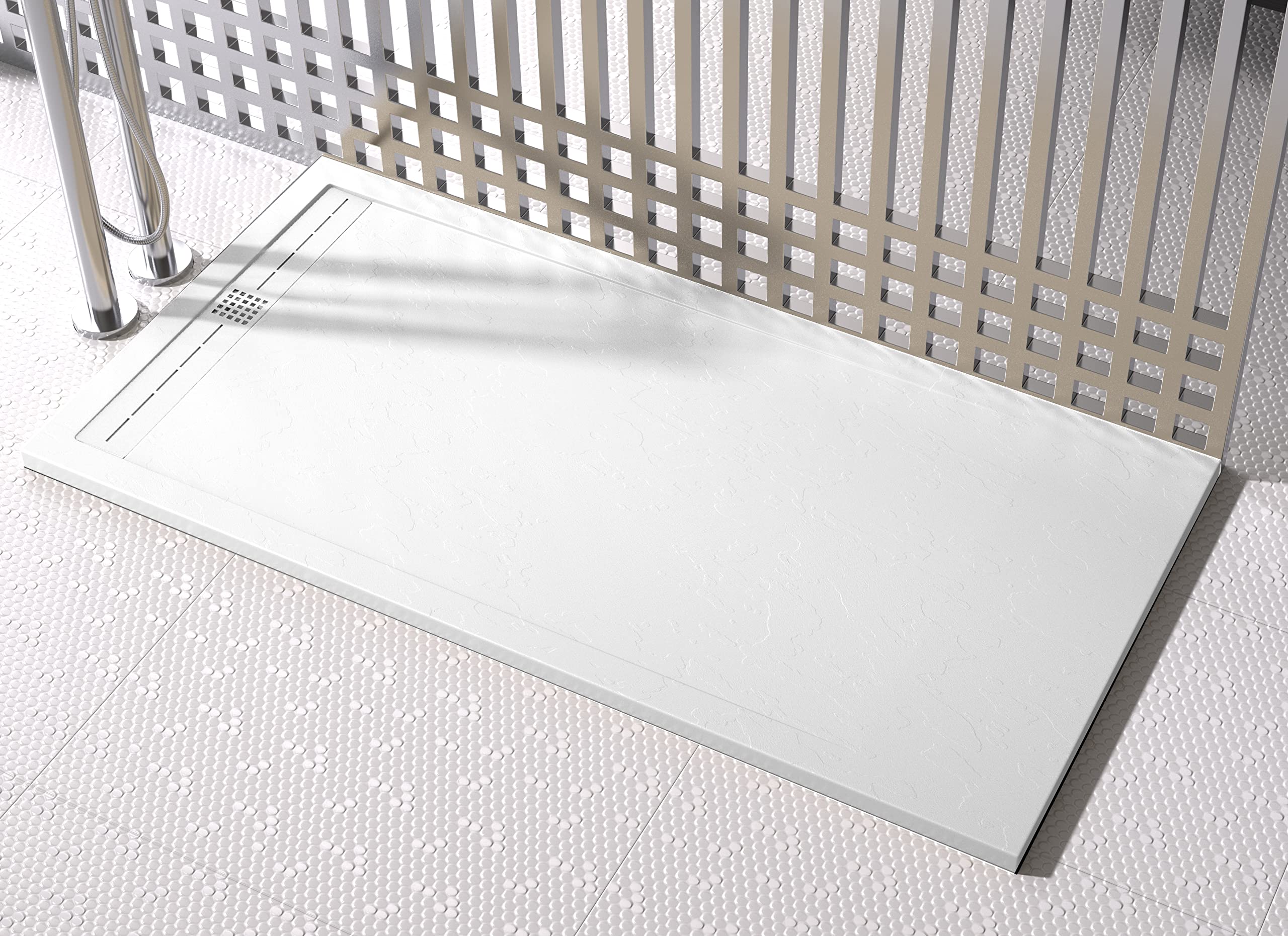 Plato Ducha RESINA EstiloBaño® DINAMIC - ENMARCADO - Textura PIZARRA - Todas Las Medidas Disponibles -【 80x160, BLANCO 】- Con Válvula desagüe + Rejilla