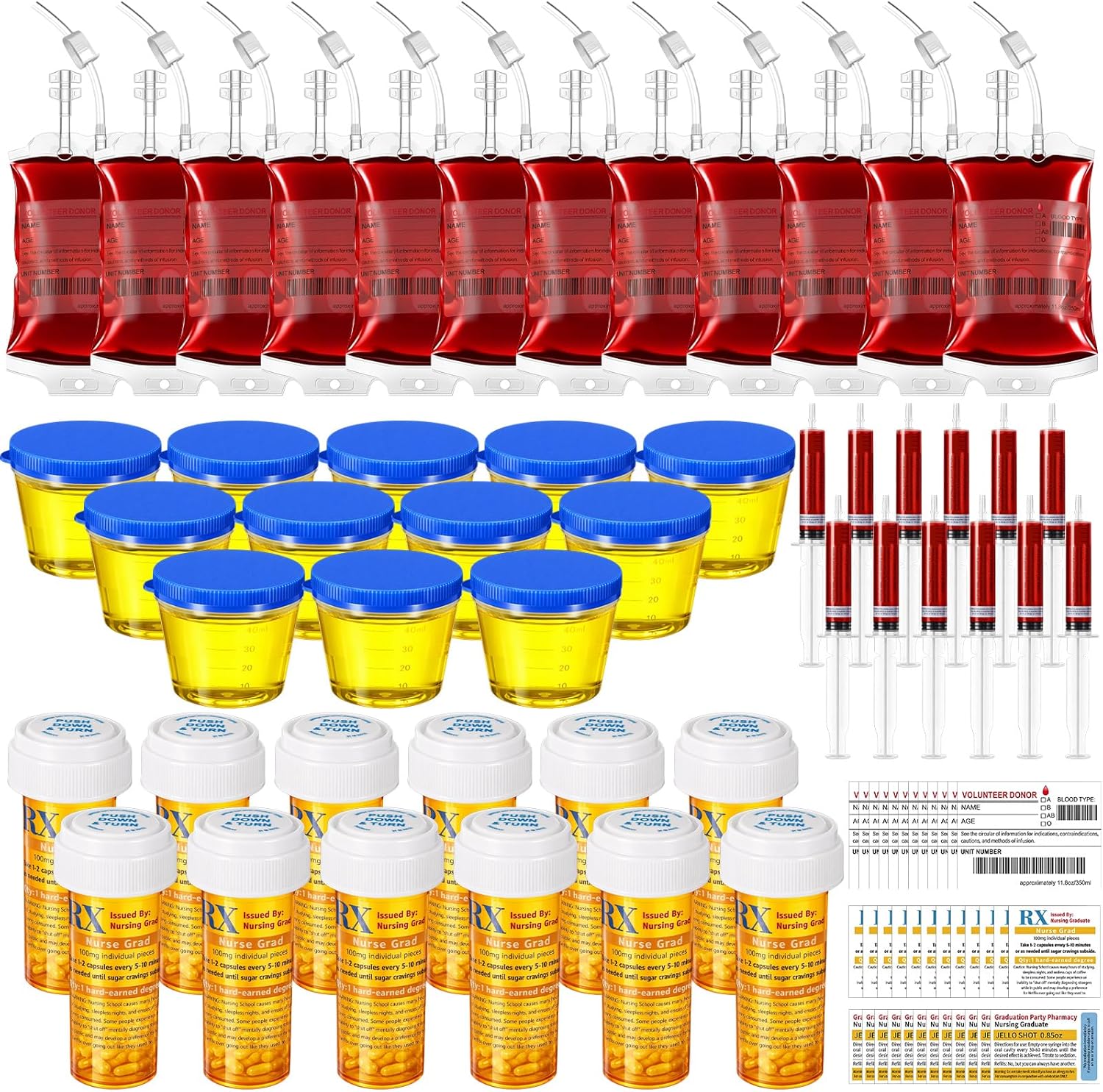 84 Pcs Graduation Blood Bags Party Supplies Empty Pill Bottle Blood Bag Specimen Cup Urine Sample Jar 20 ml Plastic Syringe with Sticky Label for Graduation Vampire Nurse Decoration Supplies