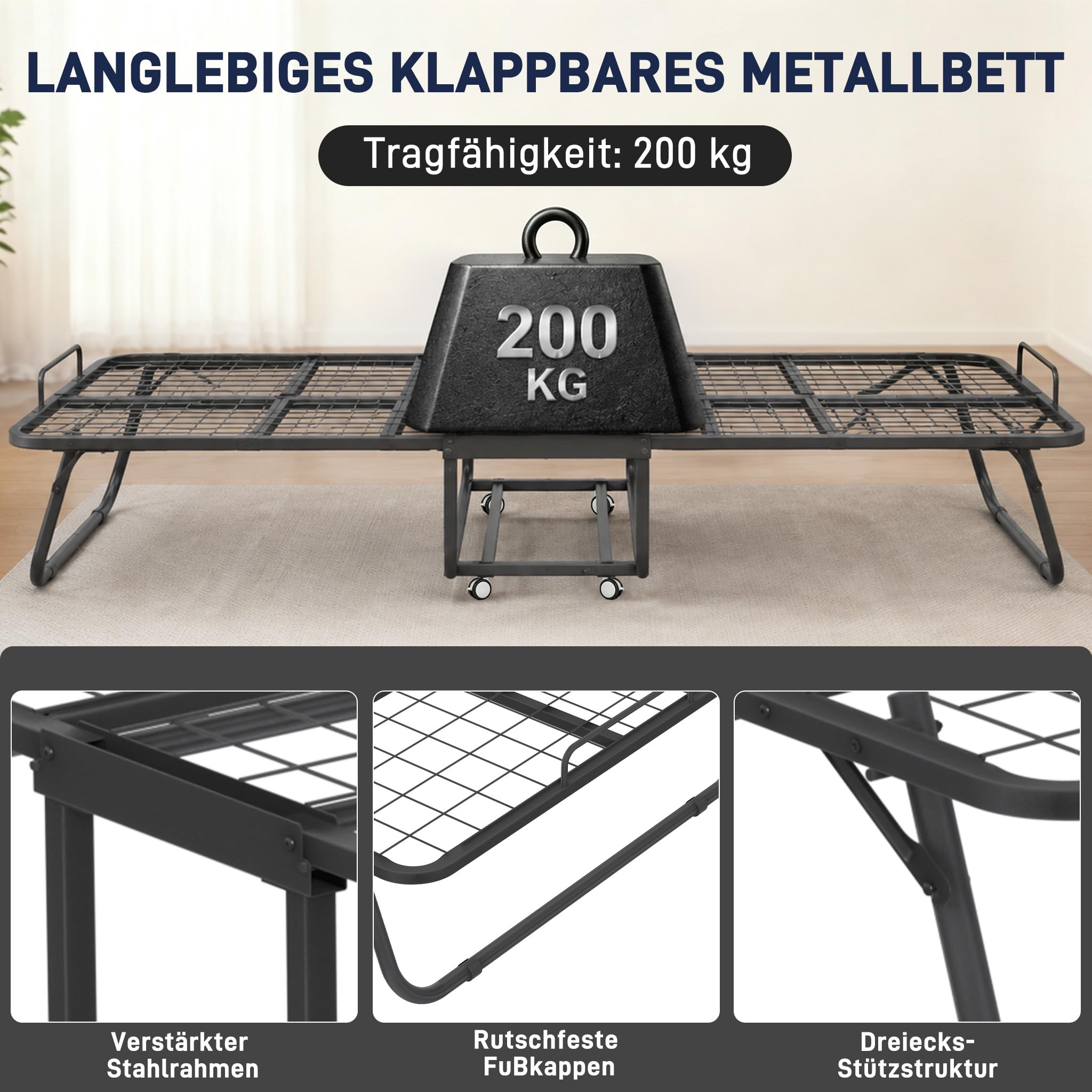 ACXIN Klappbett 90x200 cm Gästebett Klappbar für Erwachsene – Metallbettgestell mit 13 cm Memoryschaum-Matratze, Faltbares Reisebett mit Rollen, Belastbar bis 200 kg