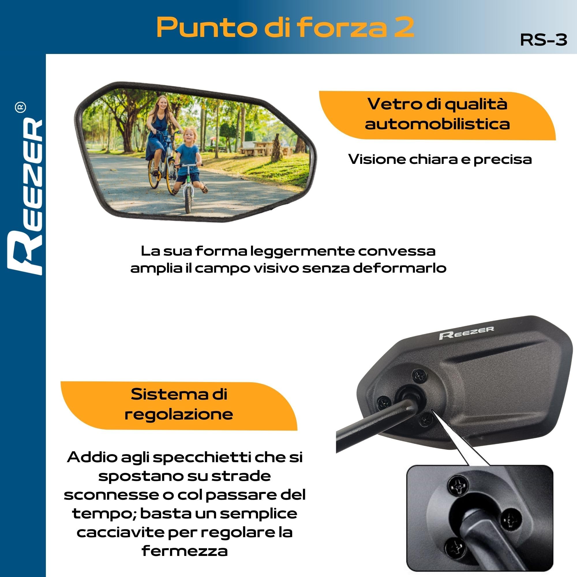 REEZER - Specchietto retrovisore per bicicletta RS03 - Specchietto per e-bike - Specchietto per monopattino elettrico - Per manubri da 22 a 25,4 mm - Regolabile a 360° SINISTRO