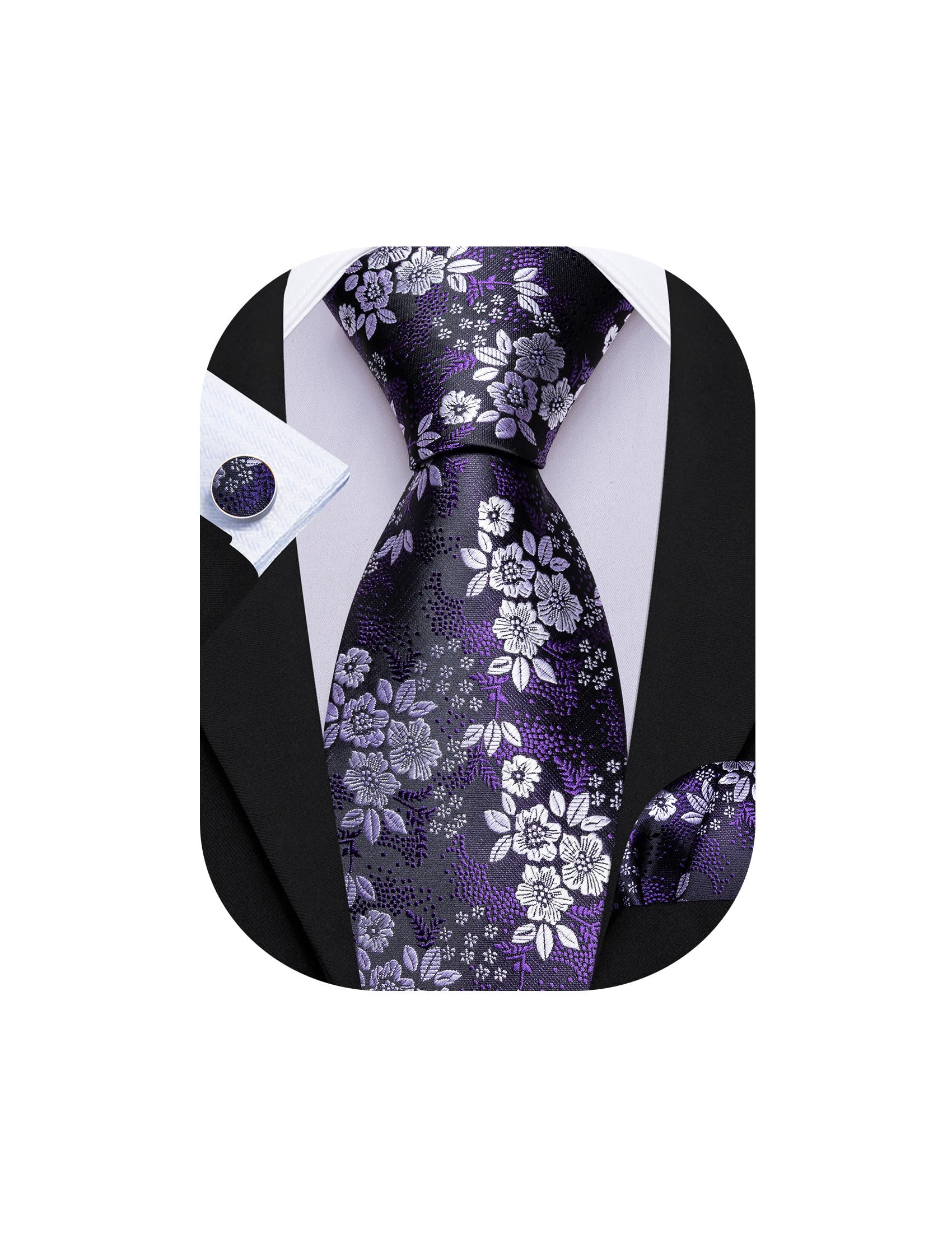 Barry.Wang Men Tie Set Floral Paisley Silk Necktie Pocket Square Cufflinks