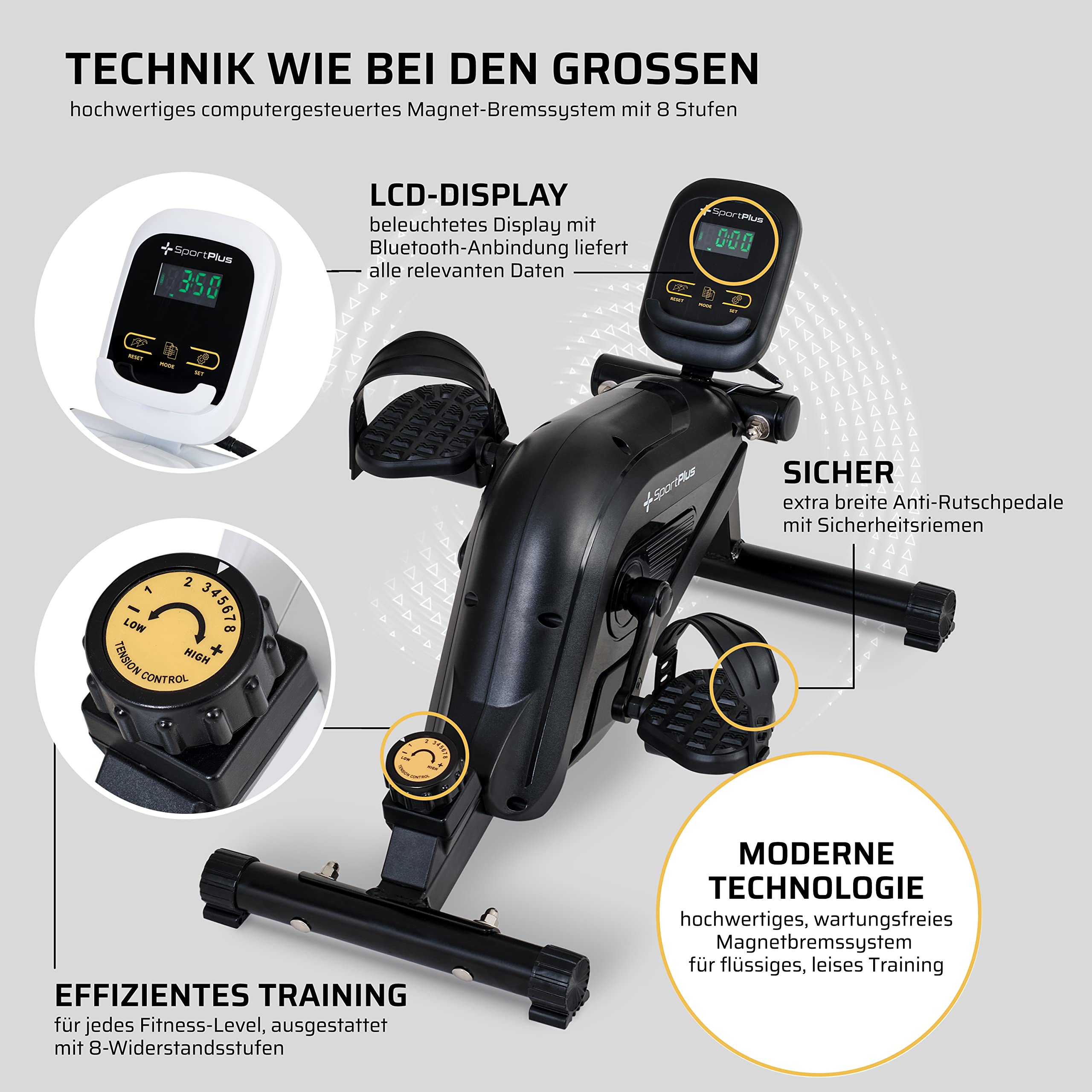 SportPlus Beintrainer für zuhause & Büro, Mini-Heimtrainer mit Magnet-Bremse & 8 Widerstands-Stufen, mit Trainingscomputer, extra breite Pedale, App kompatibel | Heimtrainer Fahrrad | Minibike