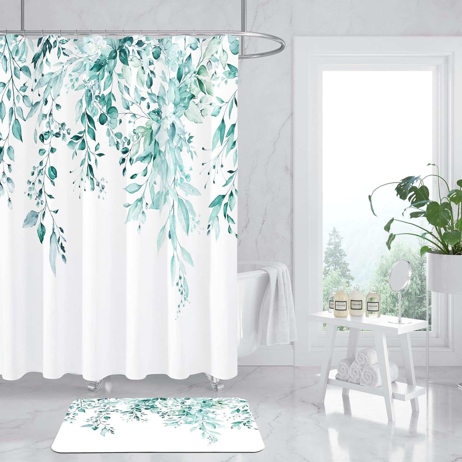 Gibelle Eucalyptus Leaves Bath Mat Rug Set 2 Piece, Super Absorbent Quick Dry Bathroom Rug Set, Non Slip Rubber Backed Bathroom Floor Mat for Tub Shower Sink (17"x24"+20"x32", Teal)