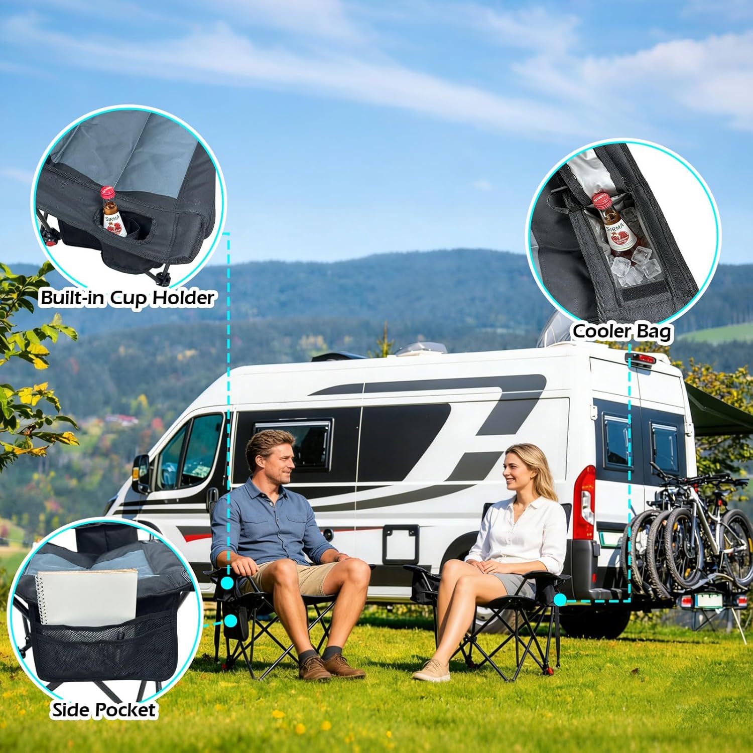 2 Pack 4-Position Reclining Camping Chair Padded with Cooler Bag for Adults, Folding Outdoor Camp Chair Heavy Duty with Cup Holder Supports 265 lbs