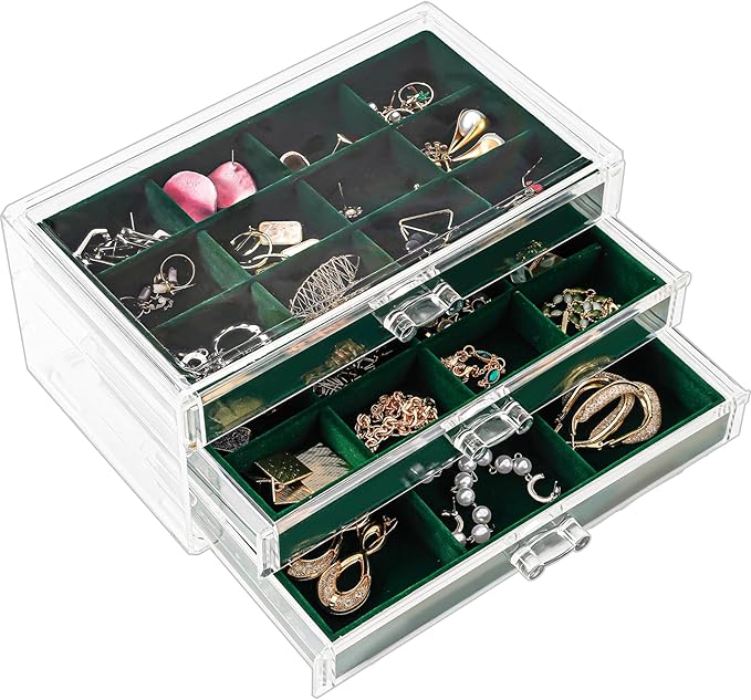 ProCase Earring Holder Organizer Jewelry Box with 3 Drawers, Acrylic Clear Earring Case with Adjustable Velvet Trays for Women - Black, 3 Layers