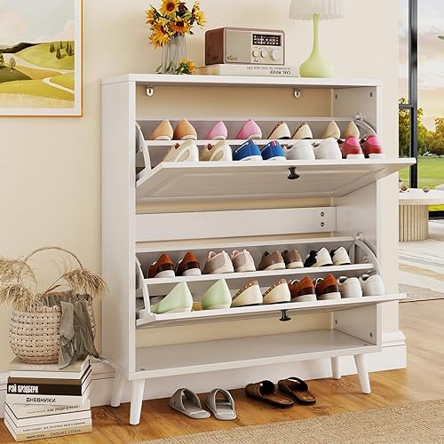 Vista 13 de Armario de zapatos para entrada, armario estrecho de almacenamiento de zapatos con 3 cajones abatibles y 2 cajones superiores, armario organizador
