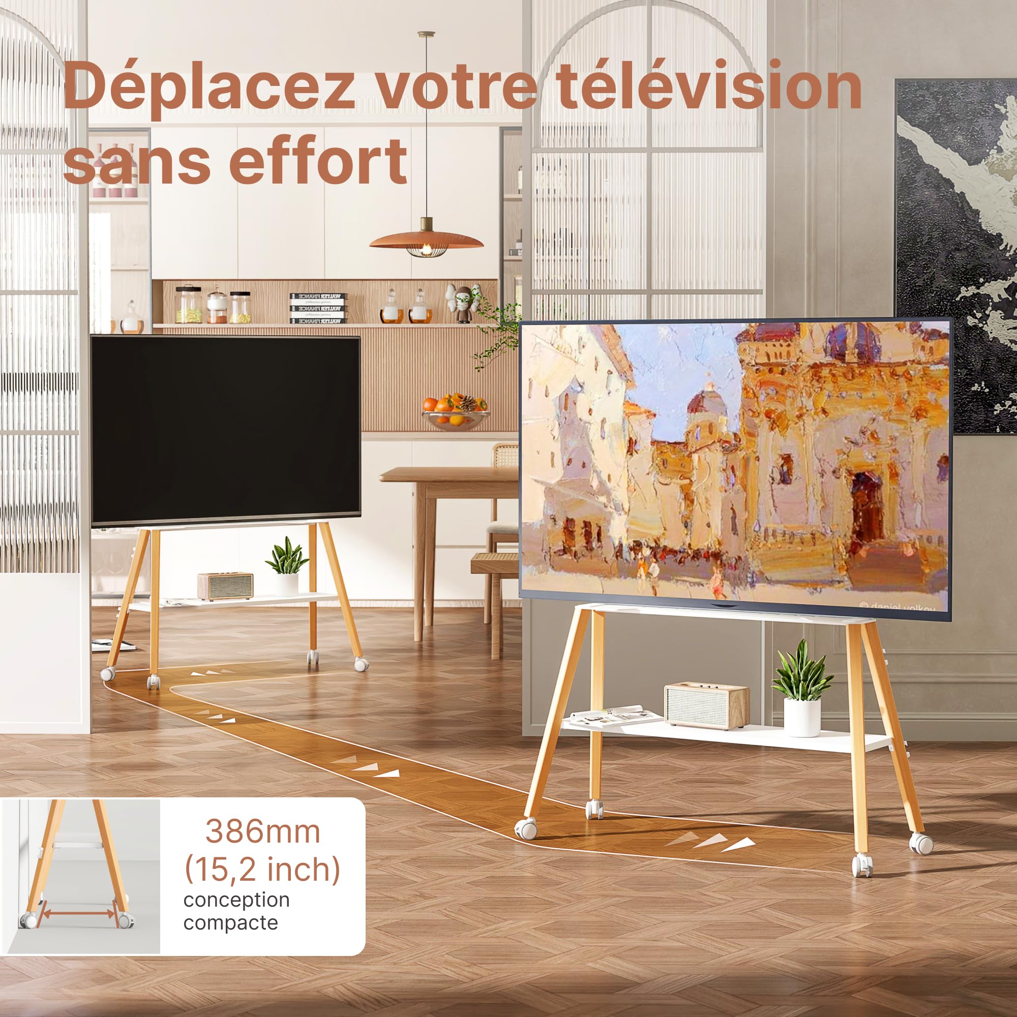 Support TV avec roulettes pour étagère Mobile de 49 à 75 Pouces | jusqu'à 40 kg, design Easel en métal et bois, idéal pour magasin, bureau, école et maison, Max VESA 600*400MM, Blanc