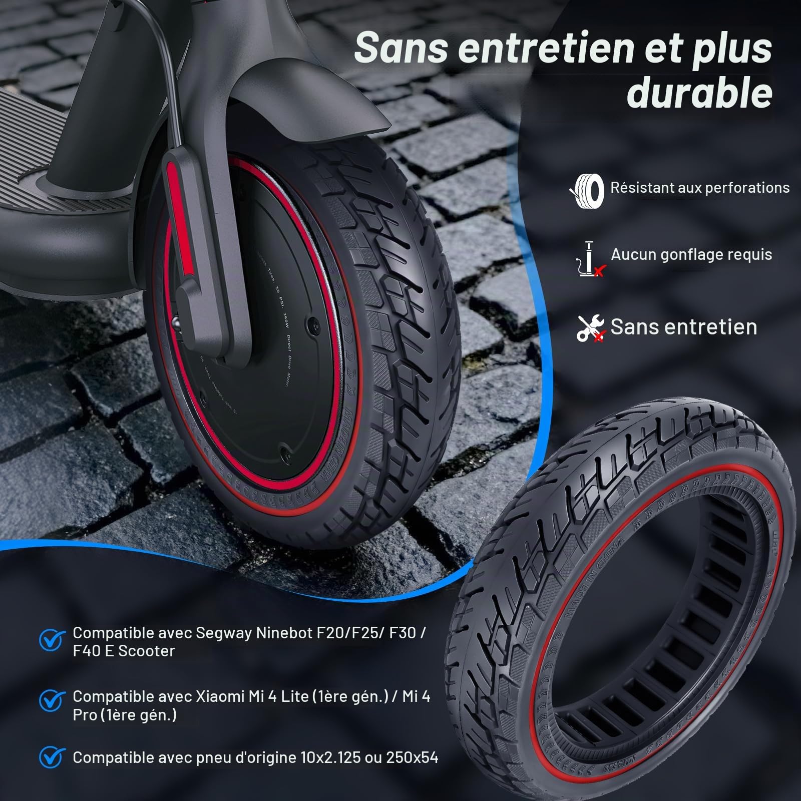 250 x 54 Pneu Plein pour Xiaomi 4 Pro 4 Lite (1re Génération), 10 x 2,125 Pneu de Remplacement pour Ninebot F20 F25 F30 F40 Trottinette Solides de 10 Pouces (Rouge-2 Pièces)
