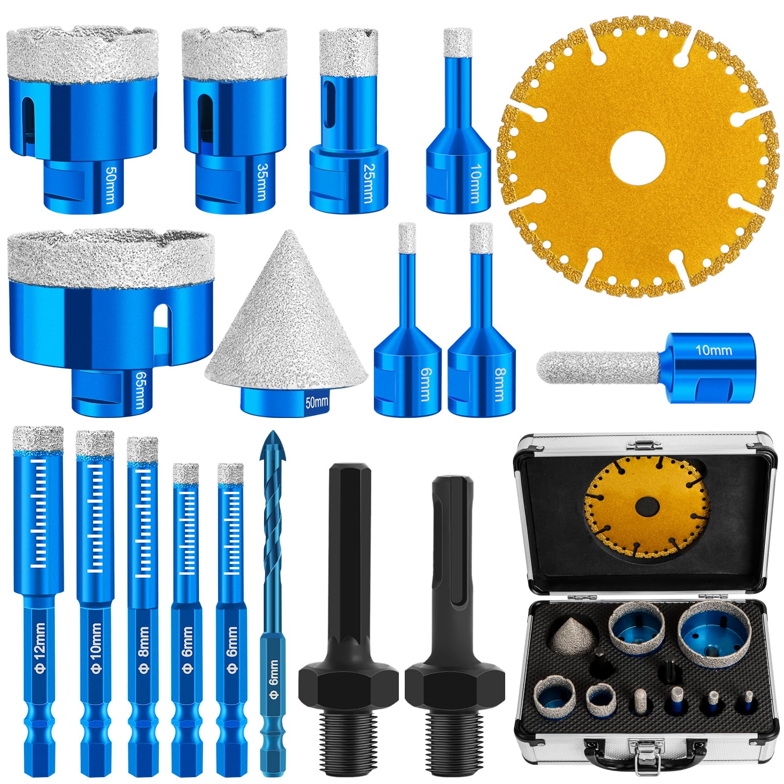 Set di 19 Diamantate per Piastrelle, 12 Pezzi Punte Diamantate Gres Porcellanato M14 6/8/10/25/35/50/65/115mm + 6 Pezzi M6 Esagonale Punte Trapano 6/8/10/12mm + 1 Adattatore