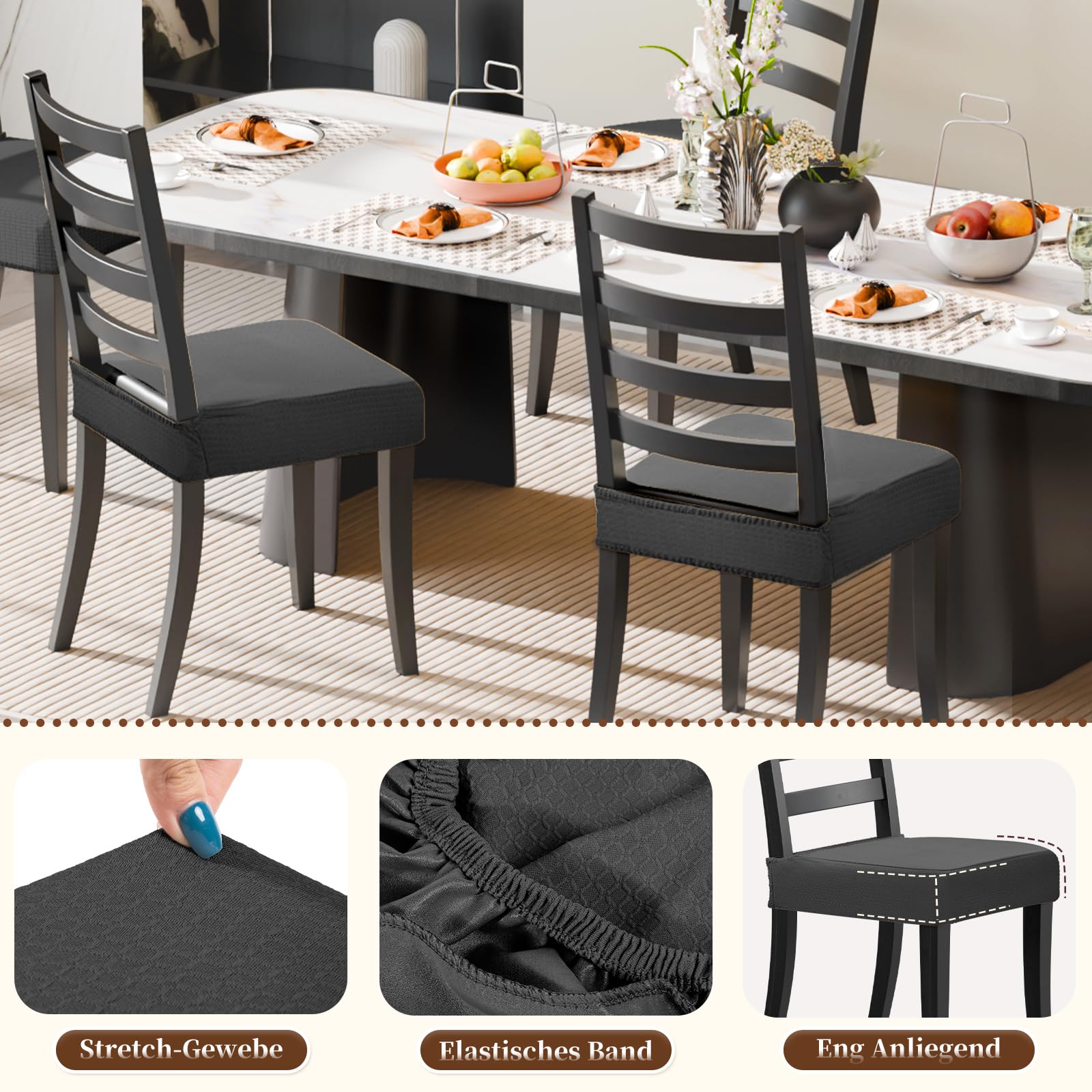 Dioxide Wasserdichte Stuhlhussen Jacquard Stretch Stuhlbezüge für Esszimmer Abnehmbar&Waschbar, Universal Fitted Hussen für Stühle Elastische für Hochzeitsfeier Bankett Küchendekoration (Schwarz,4PCS)