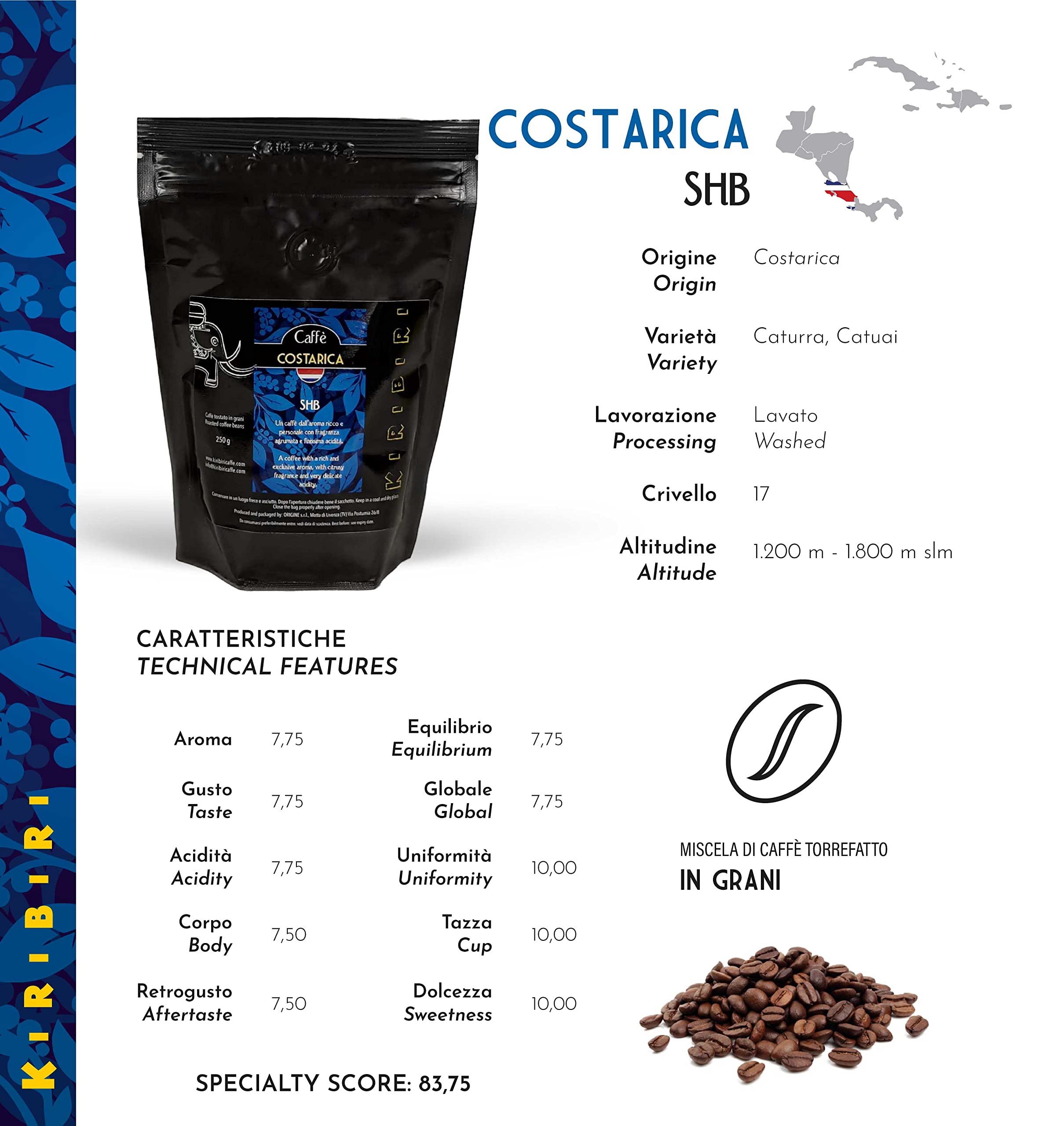 KIRIBIRI Café Especial de Origen 100% Arábica en Grano - Paquete de 4 x 250 g - Orígenes: Colombia, Costa Rica, Perú Orgánico, Etiopía