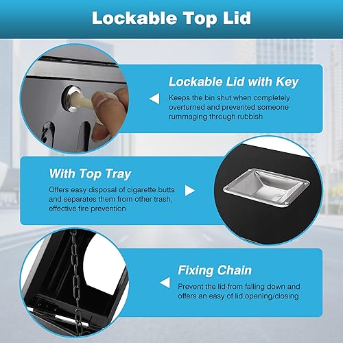 Miniatura 6 de IRONWALLS Bote de basura comercial con tapa, cubo de basura negro para exteriores, para patio, cubo de basura cuadrado de acero con apertura