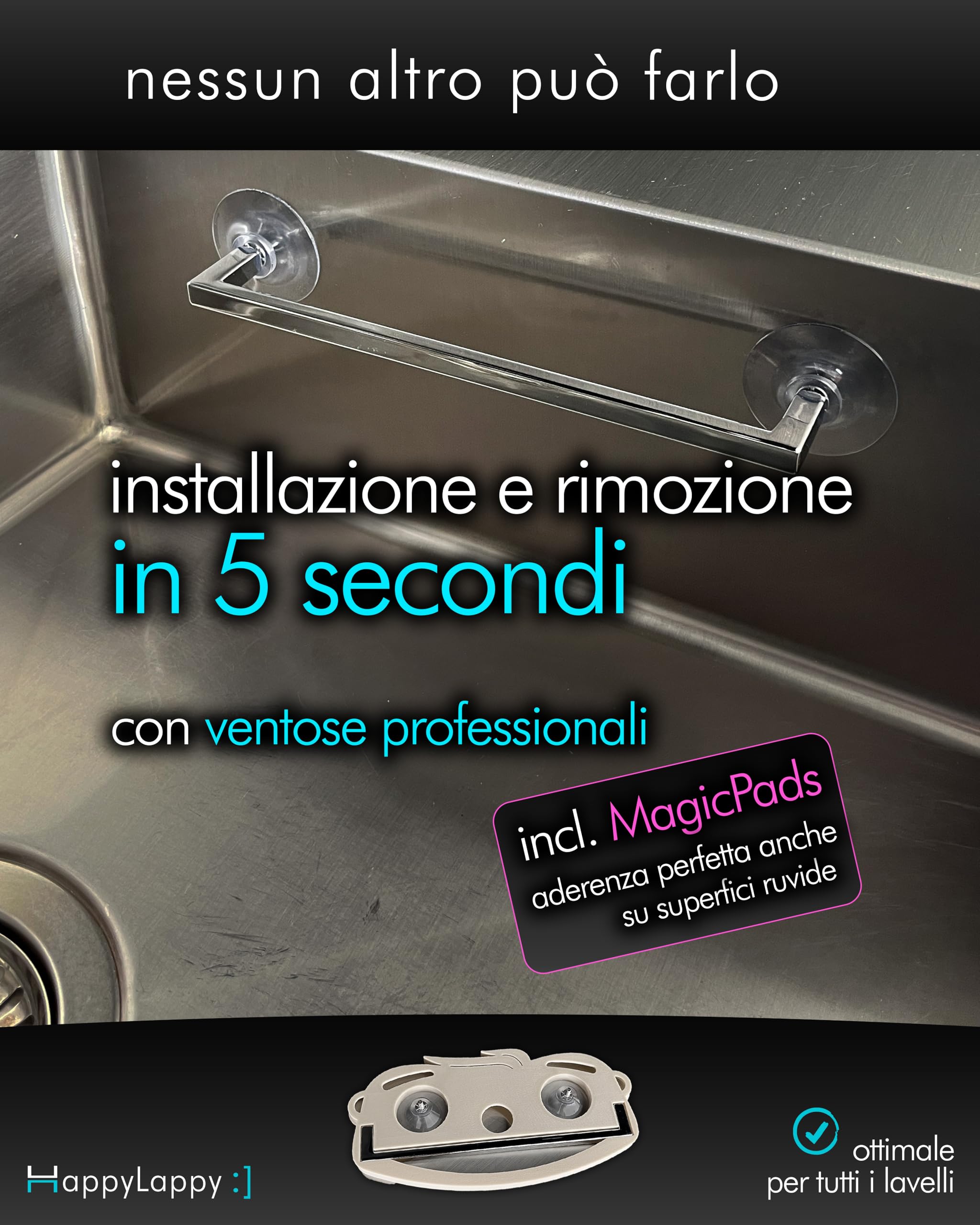 snagger HappyLappy Supporto per Panno da Lavello | Porta Spugna con Ventosa senza Fori né Colla | Design Elegante | Organizer da Cucina, Finitura Acciaio Inox