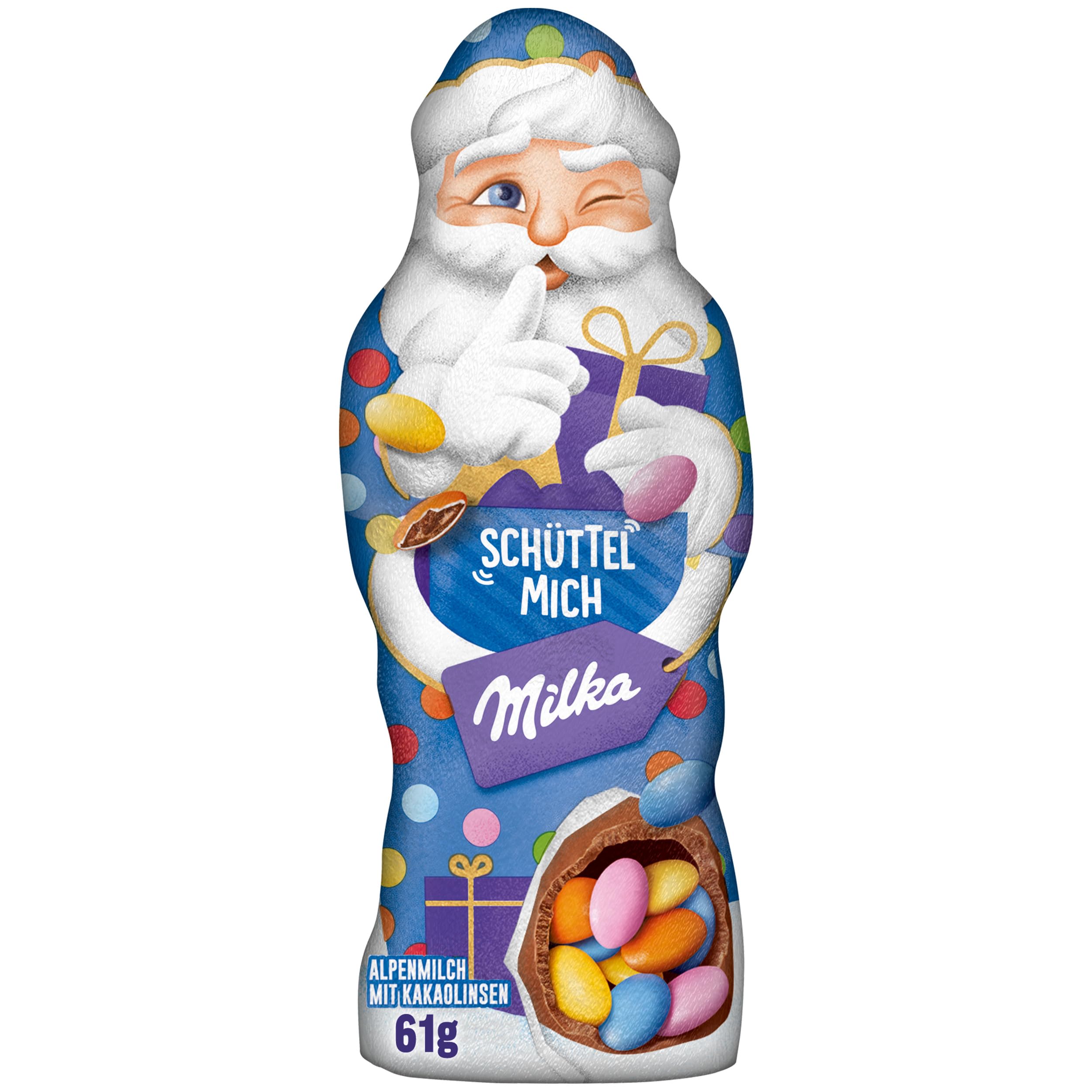 Milka Schüttel Mich Weihnachtsmann – 24 x 61 g – Zarte Alpenmilch-Schokolade gefüllt mit bunten Kakaolinsen