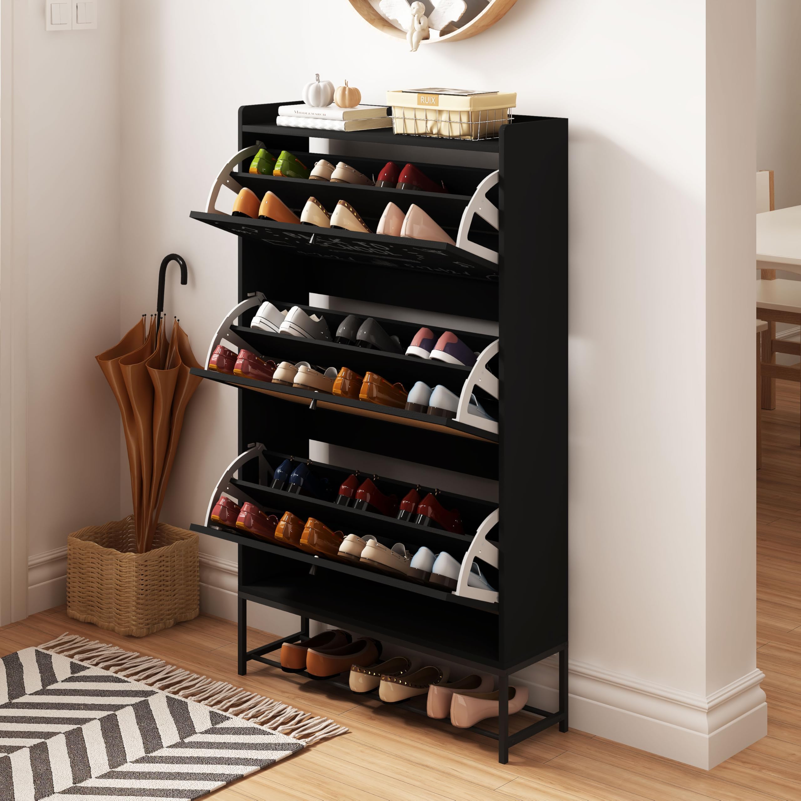 AVZEAR Shoes Cabinet, Narrow Shoes Storage Cabinet with 3 Flip Drawers, Free Standing Shoe Racks Organizer Farmhouse Tipping Bucket with Blackboard, Shoes Cabinet Storage Entryway Hallway, Black