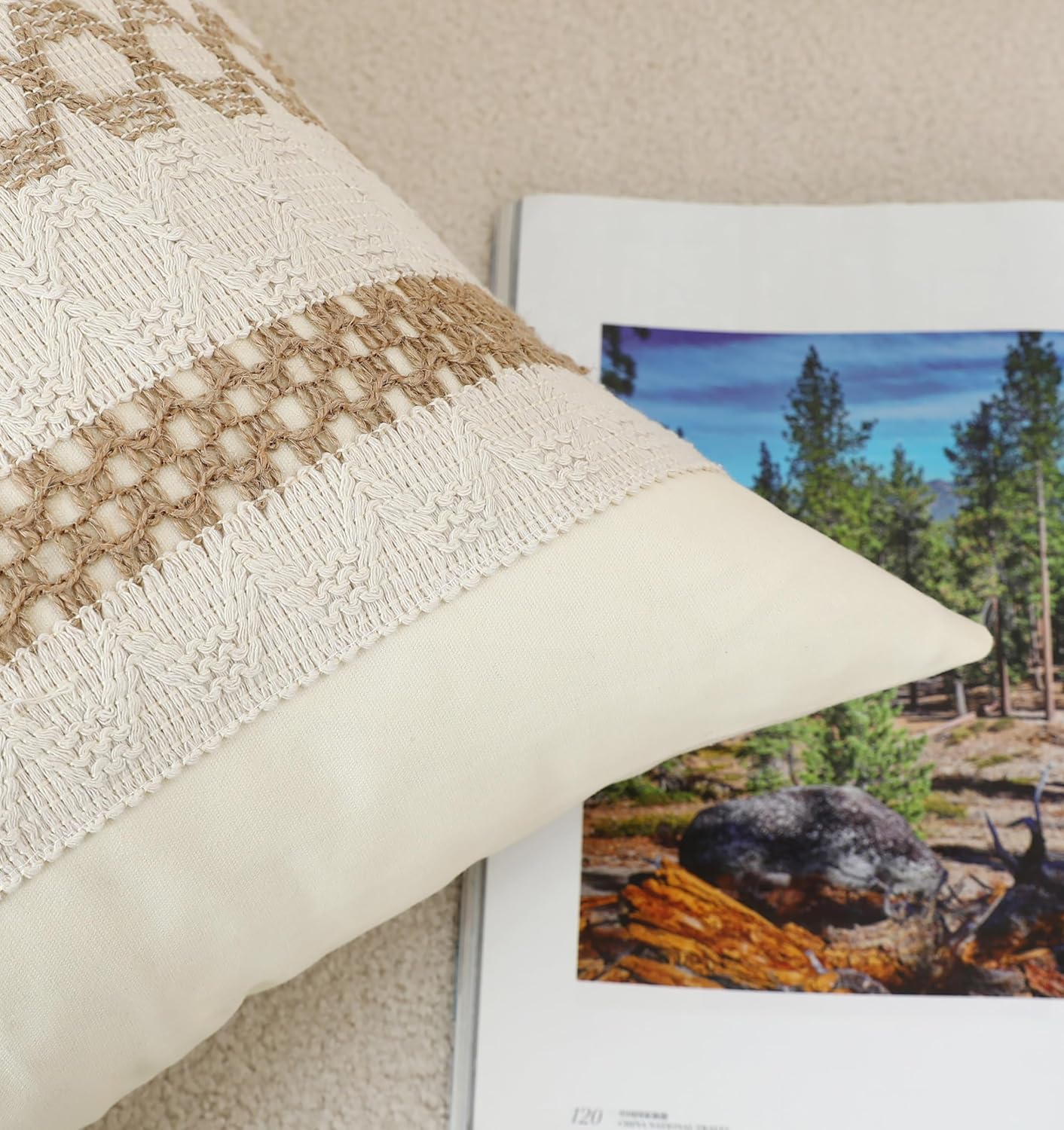LIGICKY Set of 2 Boho Throw Pillows 20 x 20 Inch Decorative Burlap Textured Striped Woven Throw Pillow Covers Neutral Pillowcases for Farmhouse Home Room Couch Decor (Natural Beige& Brown)