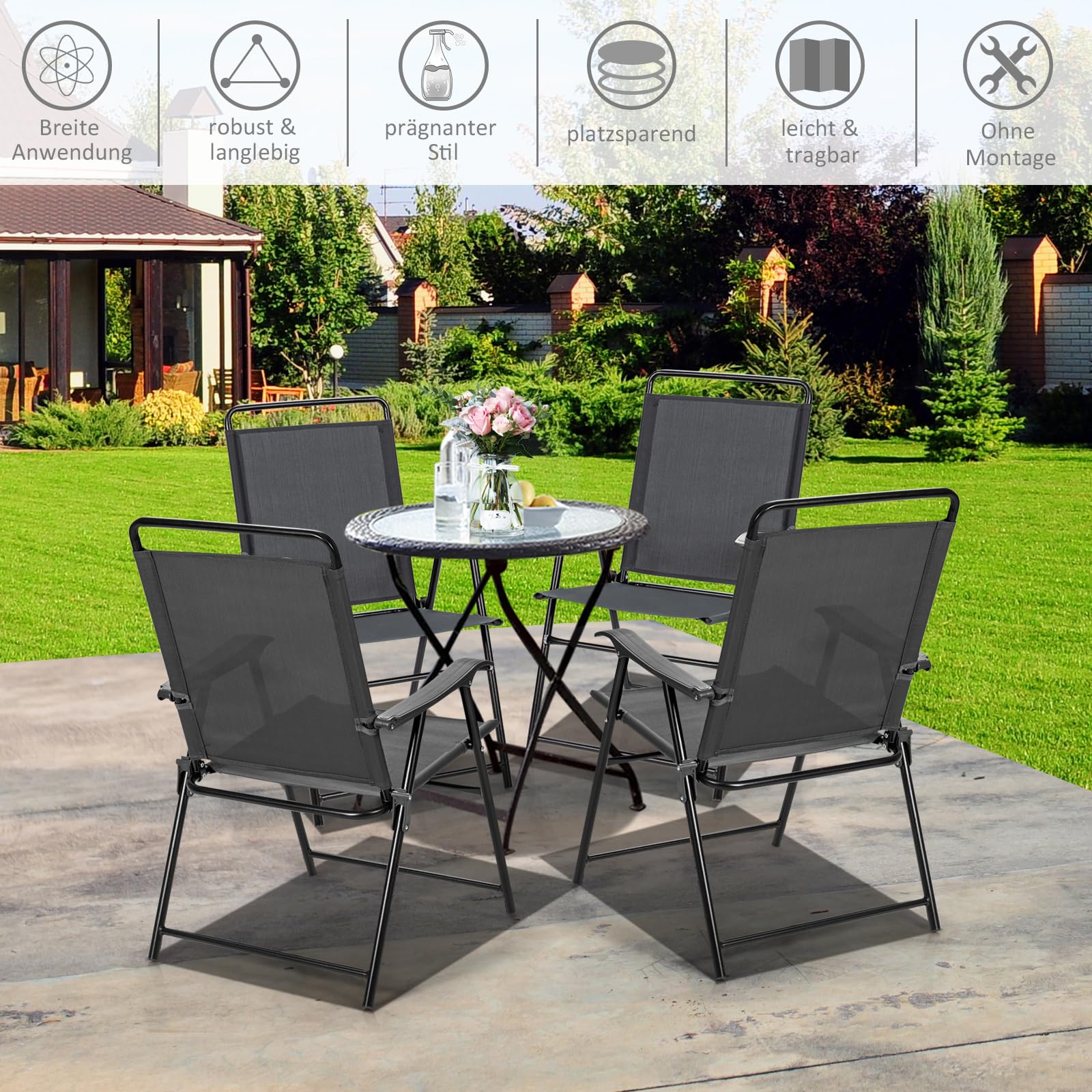 COSTWAY 4er Set Gartenstühle, Klappstühle mit Armlehnen, klappbare Balkonstühle mit atmungsaktivem Stoff, Terrassenstühle für Balkon, Garten, Hinterhof