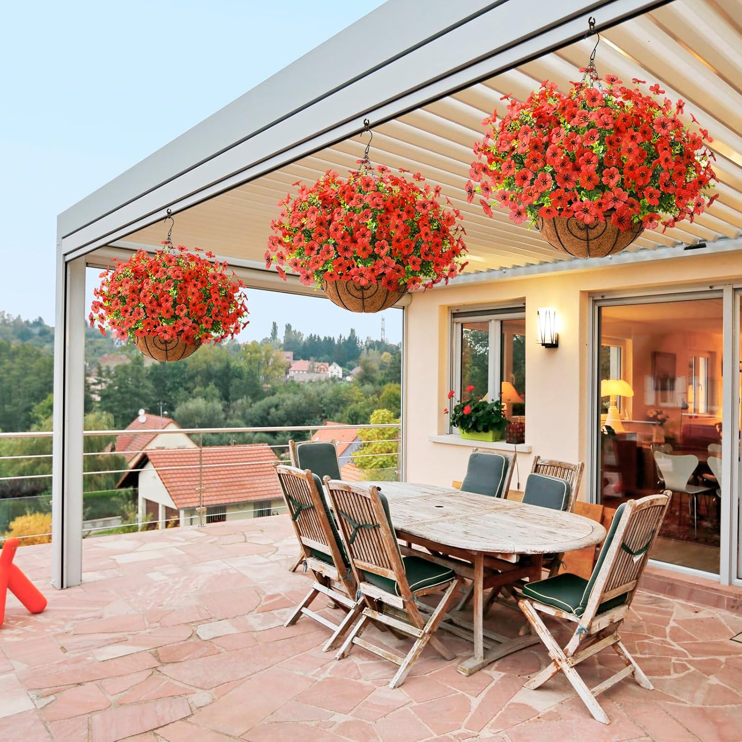 Artificial Faux Hanging Plants Flowers Basket Outdoor Porch Garden Spring Summer Decoration, Fake Silk Daisy in Planter Realistic UV Resistant for Outside Home Patio Balcony Yard(Red) - Image 6