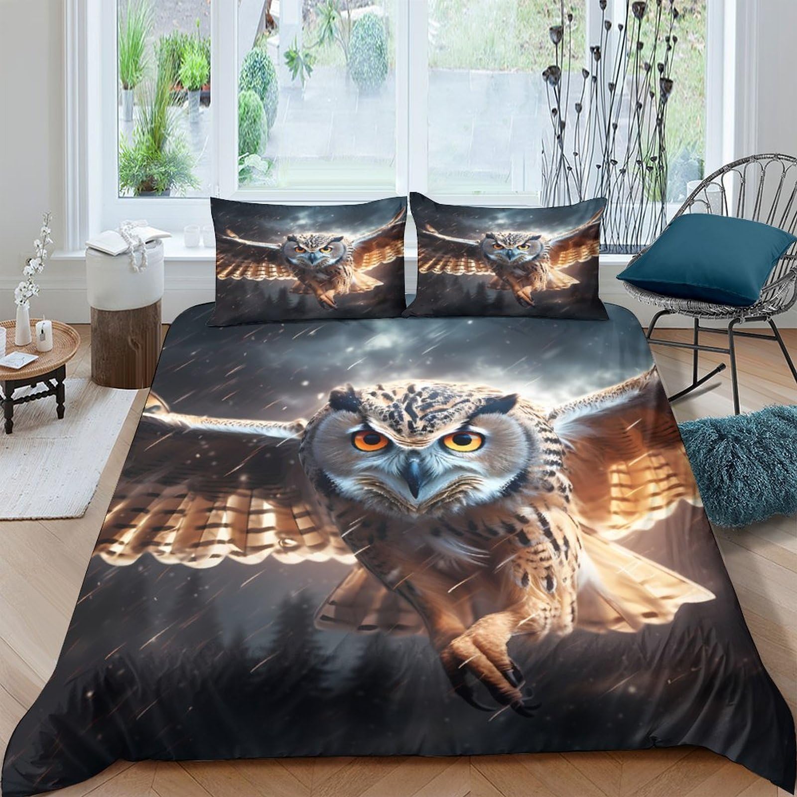 Ctjqhvkz Style-5 3D Printed Majestic Owl Fitted Sheet Microfiber Soft Breathable Night Forest Bed Cover For Bedroom Dorm Decor Single（135X200cm）