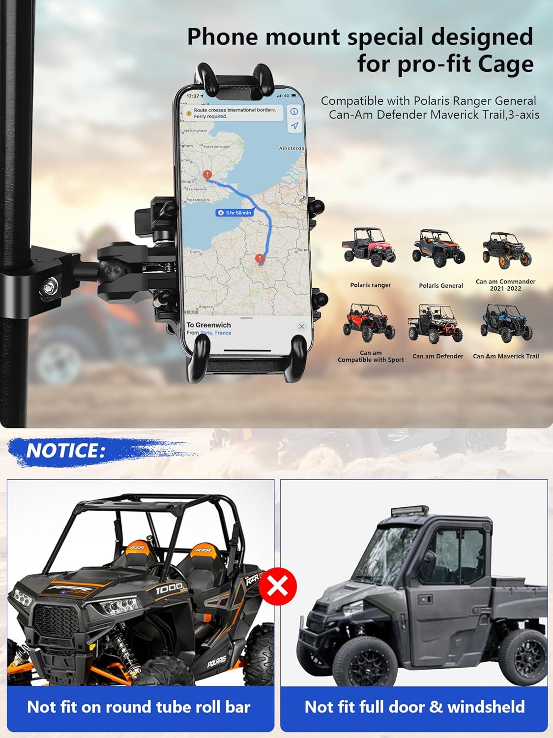 ZIDIYORUO UTV Phone Mount with Aluminum Bracket Works for Pro-Fit Cage, Compatible with Polaris Ranger General Can-Am Defender Maverick Trail, Solid Durable Design Fully Protects Your Cell Phone