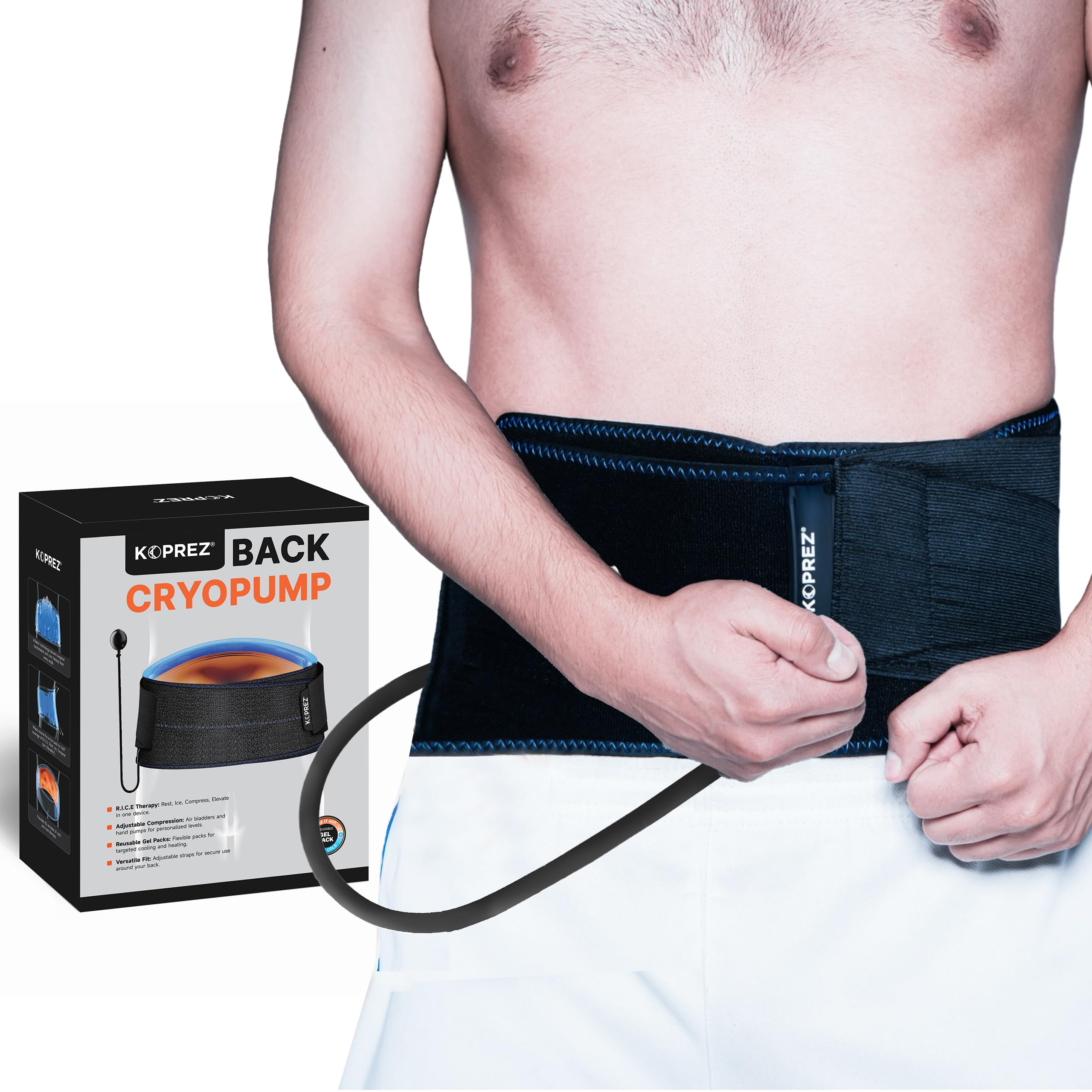 Koprez Back CryoPump | Adjustable and Reusable Lumbar Ice Pack Wrap for Lower Back Pain Relief | Universal Fit with Adjustable Compression Pump | Back Ice Wrap for Men and Women