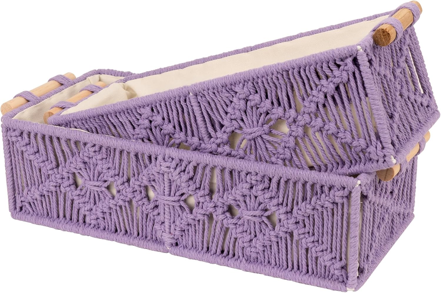 Purple Macrame Storage Baskets, Boho Woven Decor Organizer for Countertop Toilet Tank Shelf Cabinet Bathroom Living Room Entryway (Set of 2)