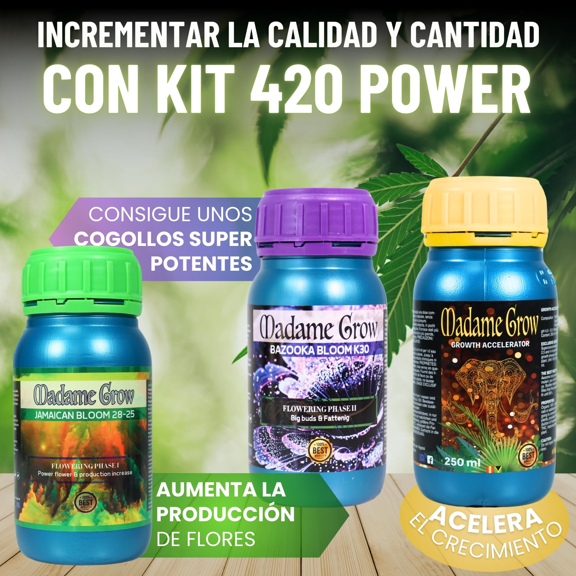 MADAME GROW Kit Power 3PACK 3 x 1 Litro | Pack Fertilizantes Crecimiento Floración y Engorde | Enraizante + PK Floración + Engordador K30 | Kit 3 Abonos Orgánicos