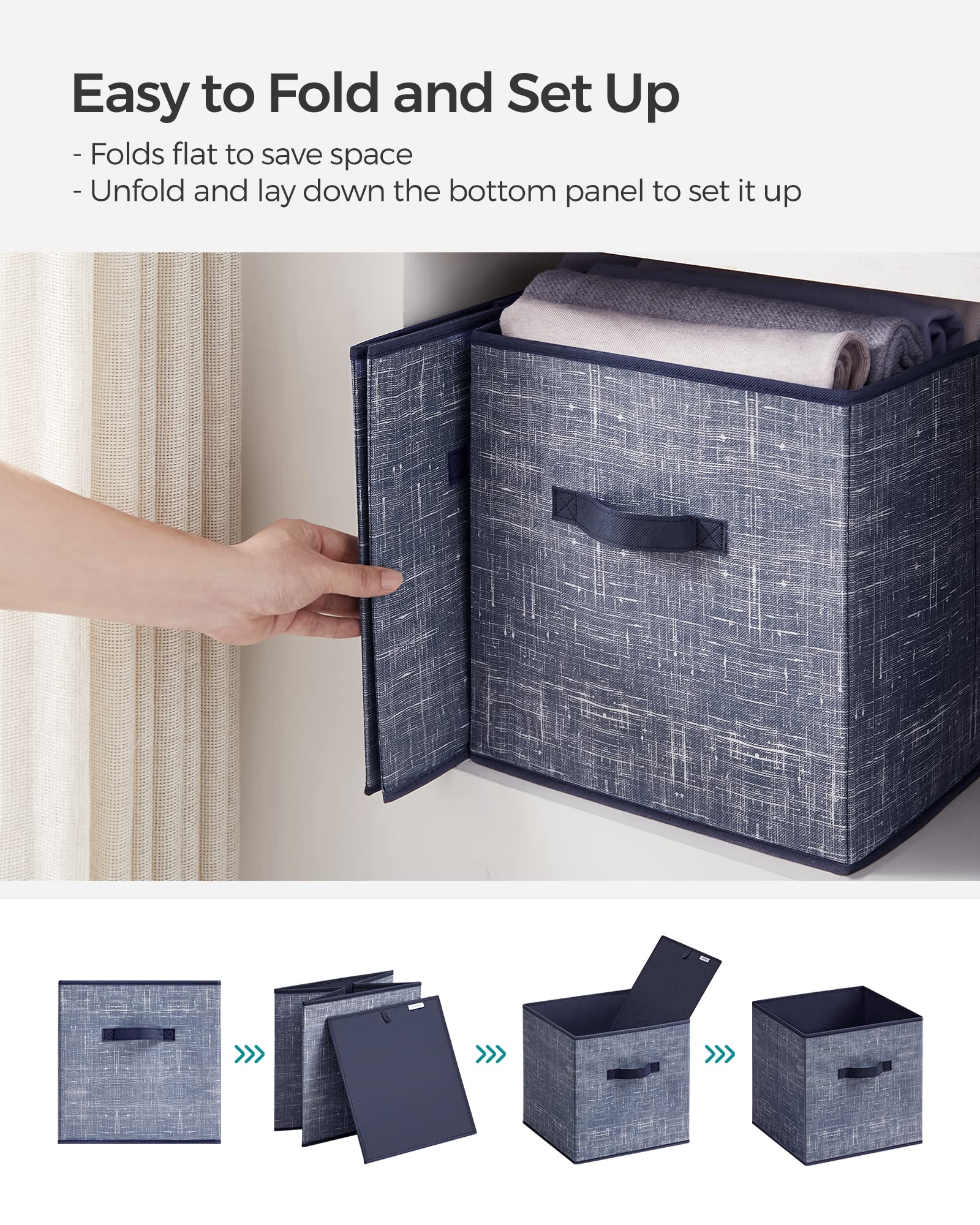 SONGMICS Cubos de almacenamiento, cubos de tela no tejida de 11.8 pulgadas con asas dobles, juego de 6, organizadores de armario para estantes, plegables, para ropa, azul brumoso UROB030I01