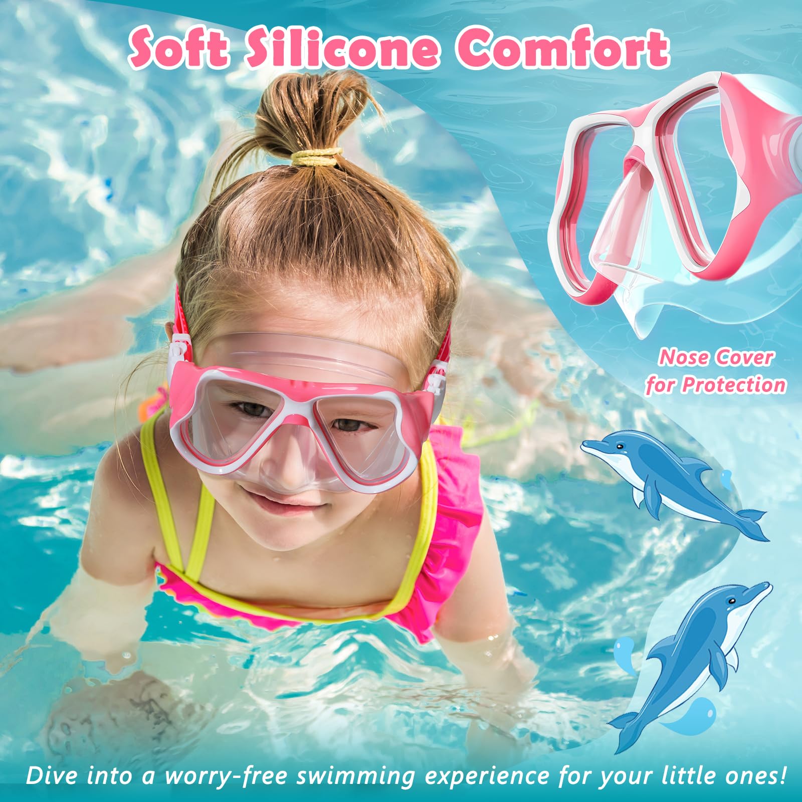 Freela Paquete de 2 gafas de natación para niños y niñas de 3 a 14 años, lente de vidrio templado con visión HD de 180° con cubierta de nariz para piscina y playa