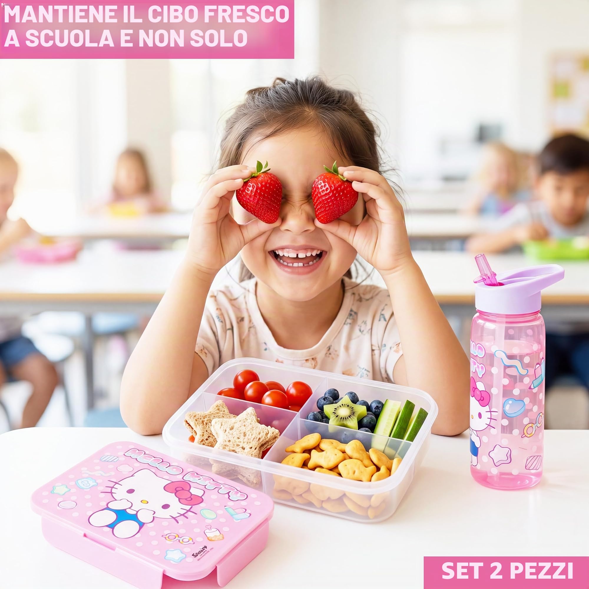 Get Trend Hello Kitty Porta Pranzo Bambini, Set 2 Pezzi con Senza BPA Bento Box 3 Scomparti e Borraccia Coperchio Apribile con Cannuccia 640 ml, Scuola Idea Regalo (Rosa Hello Kitty)