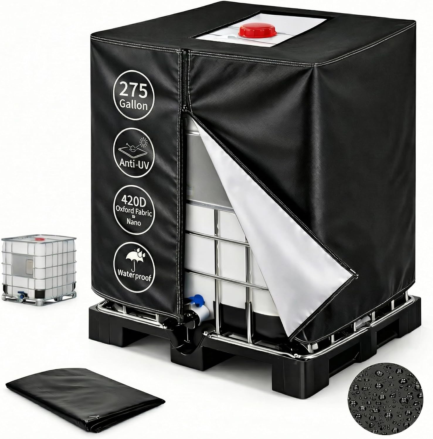 420D IBC Tote Cover, 275 Gallon Water Tank Protective Cover for 1000L Garden Rain Water Tank, Protect Water Tank from Harmful UV Rays (Black)