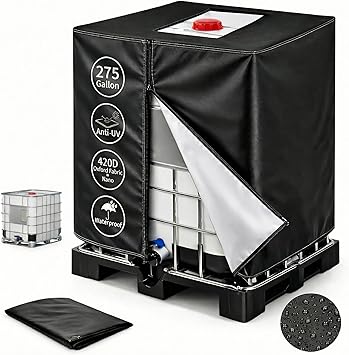 420D IBC Tote Cover, 275 Gallon Water Tank Protective Cover for 1000L Garden Rain Water Tank, Protect Water Tank from Harmful UV Rays Black