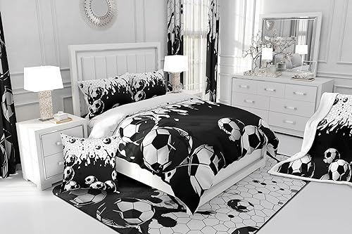 Miniatura 6 de Manfei Juego de sábanas bajeras de fútbol tamaño matrimonial, juego de ropa de cama con temática deportiva de fútbol, 3 piezas para decoración de