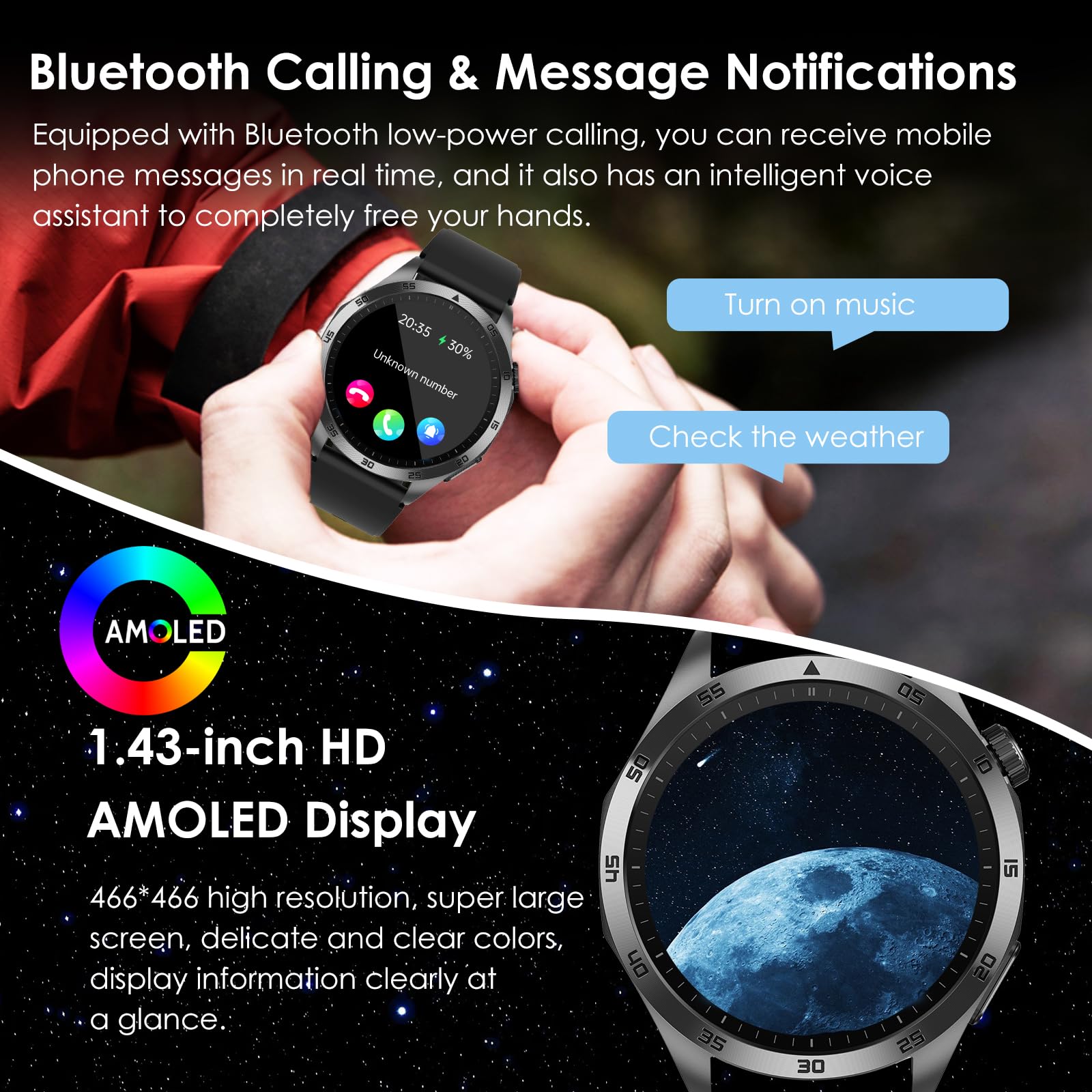 YYKY Orologio connesso con ECG+HRV/Acido Urico/Lipidi/BMI, 1.43" AMOLED Smartwatch con chiamata Bluetooth, affaticamento, umore, SOS, SPO2, monitoraggio del sonno per Android/iOS