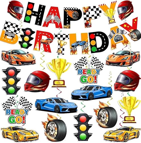 KORHONEN Decoraciones de fiesta de auto de carreras, decoraciones de fiesta de cumpleaños de coche de carreras, incluye pancarta de feliz cumpleaños