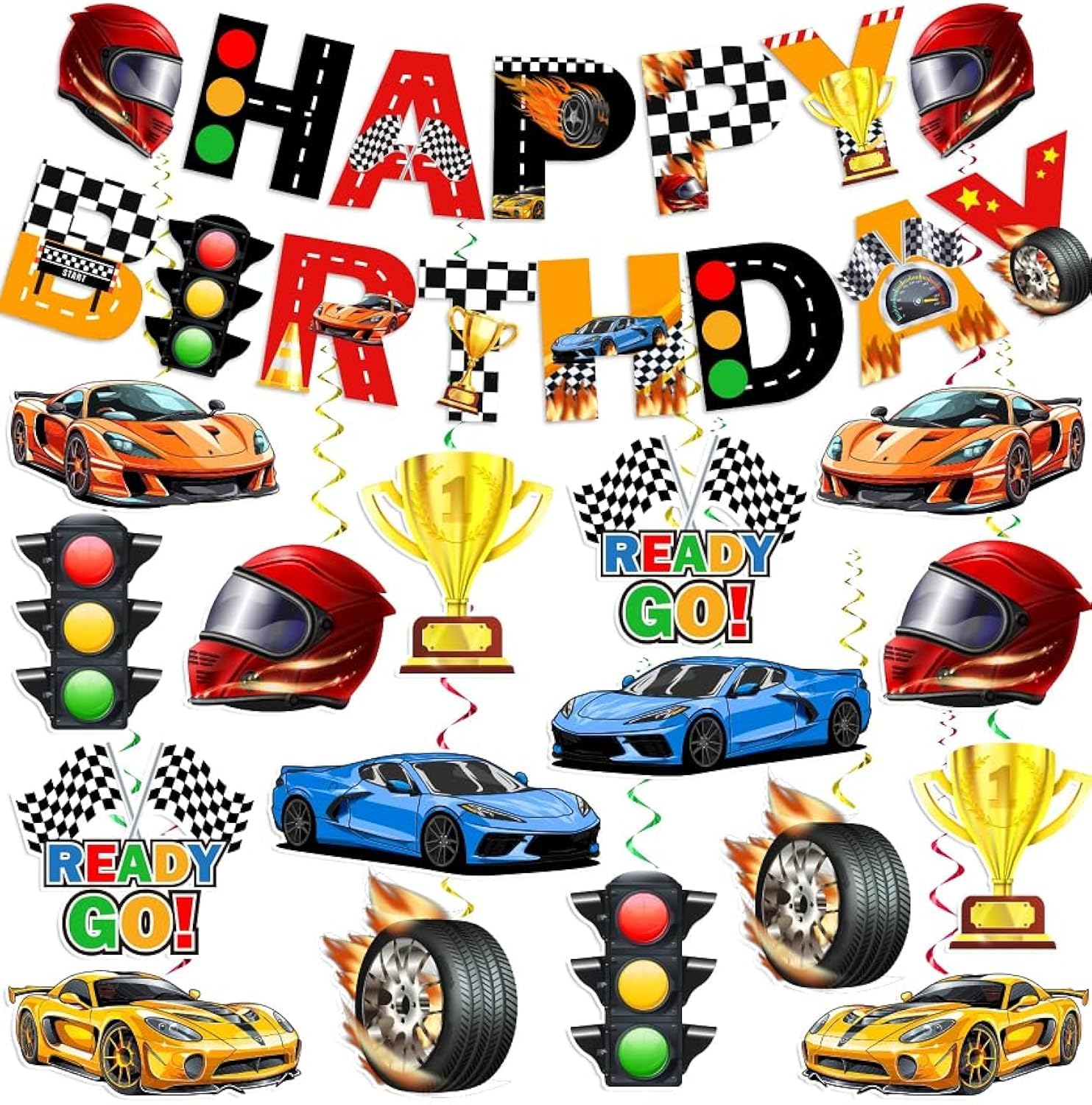 KORHONEN Race Car Themed Birthday Party Decorations for Boys and Adults - Includes Happy Birthday Banner and Hanging Swirls