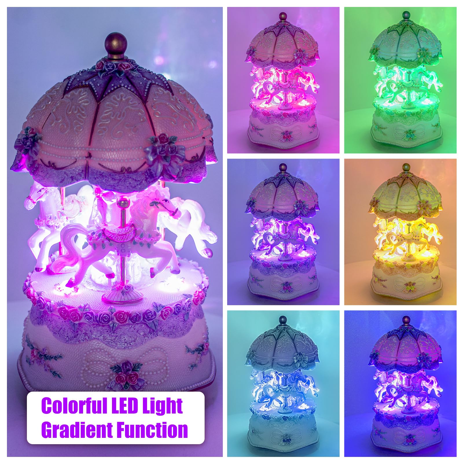 Carousel Music Box,Luce LED cambia colore di lusso,Luminoso rotante 3 cavalli | Carillon luminoso con scatola regalo, per ragazze, regalo di compleanno e San Valentino (You are My Sunshine, viola)